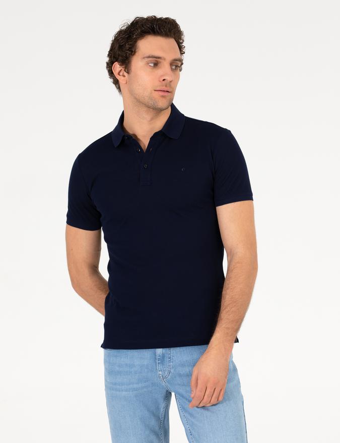 Lacivert Polo Yaka Slim Fit Basic Merserize T-shirt