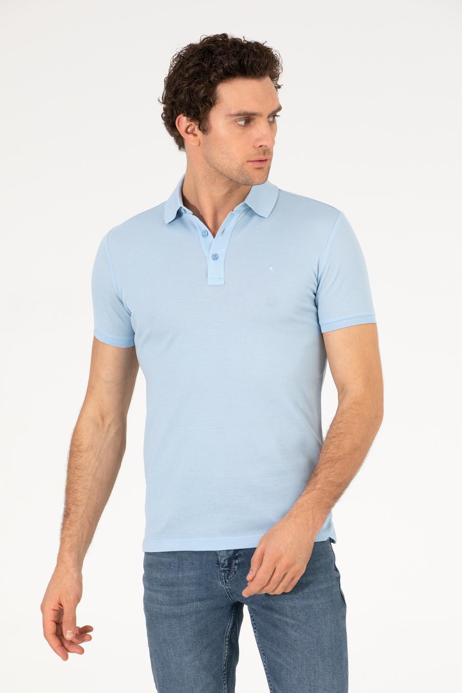 Buz Mavisi Polo Yaka Slim Fit Basic Merserize T-shirt - 50265364076
