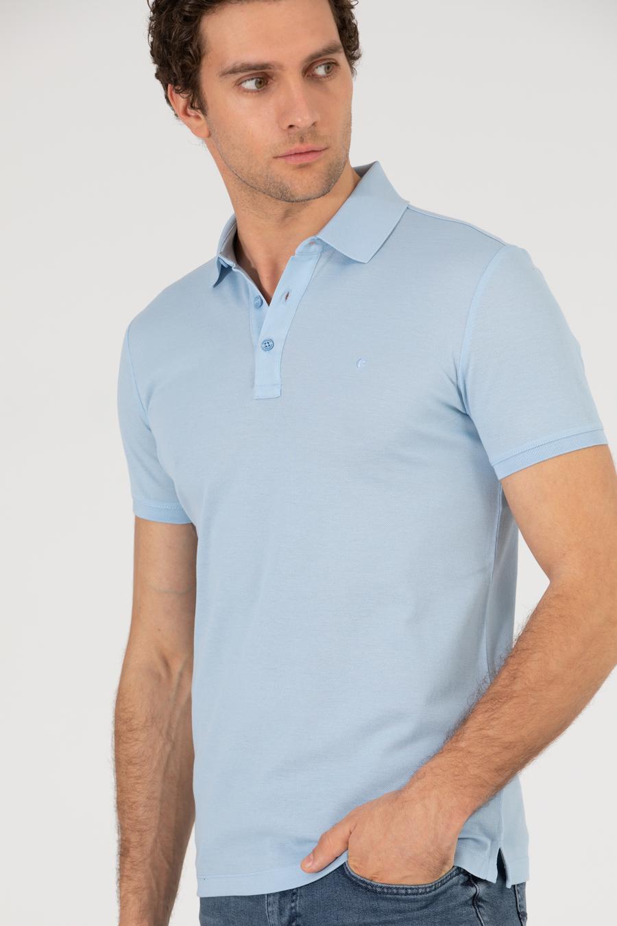 Buz Mavisi Polo Yaka Slim Fit Basic Merserize T-shirt - 50265364076