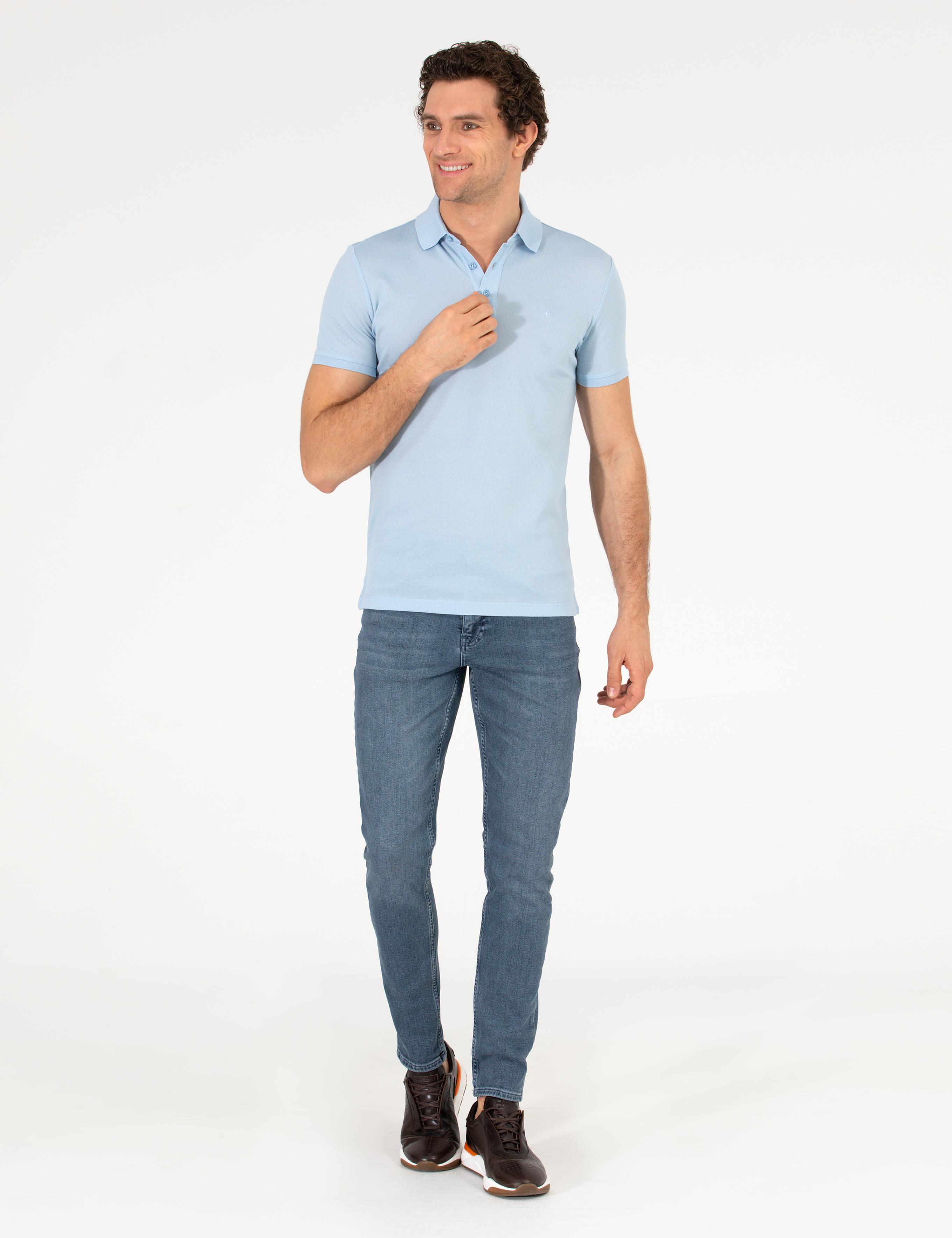 Buz Mavisi Polo Yaka Slim Fit Basic Merserize T-shirt - 50265364076