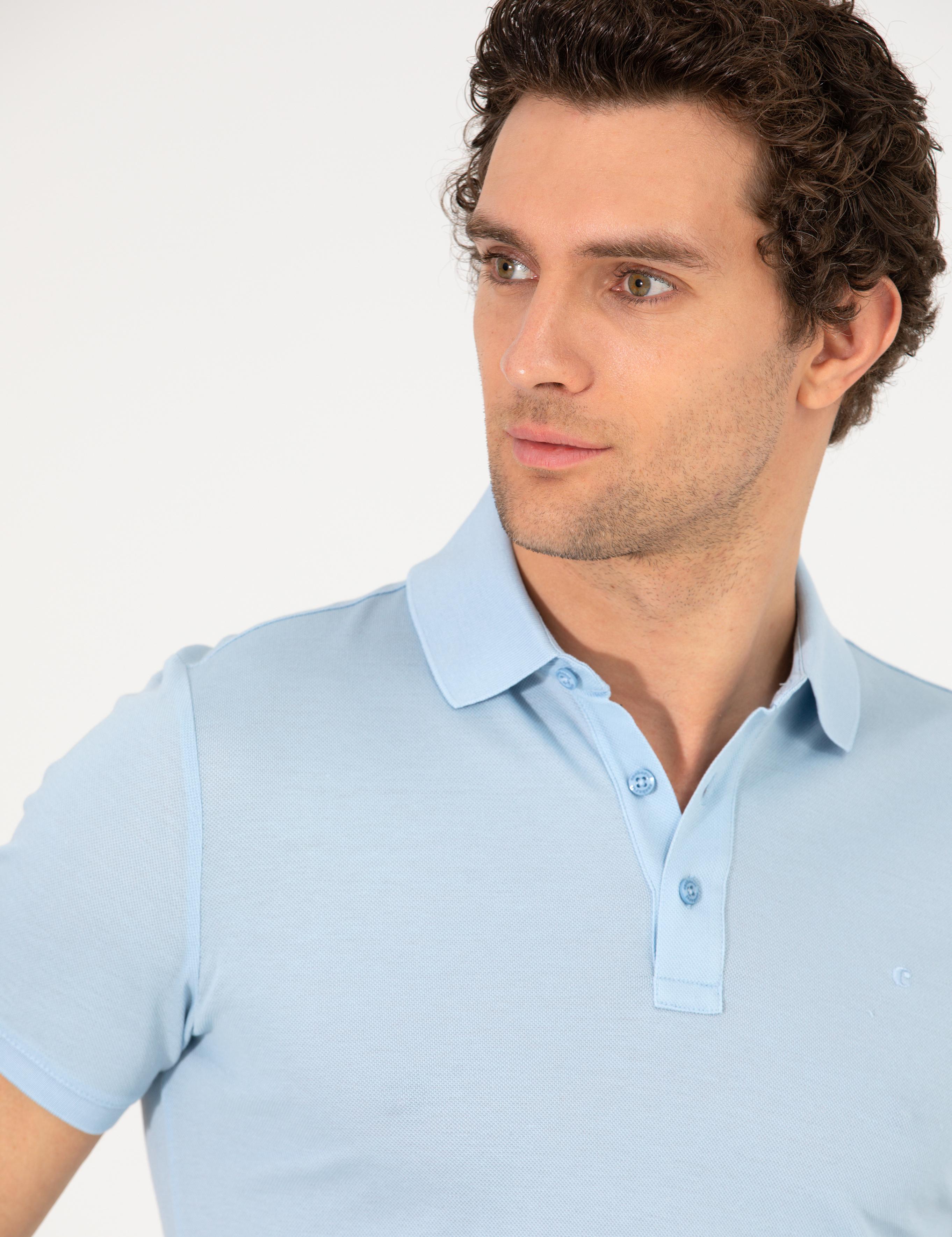 Buz Mavisi Polo Yaka Slim Fit Basic Merserize T-shirt - 50265364076
