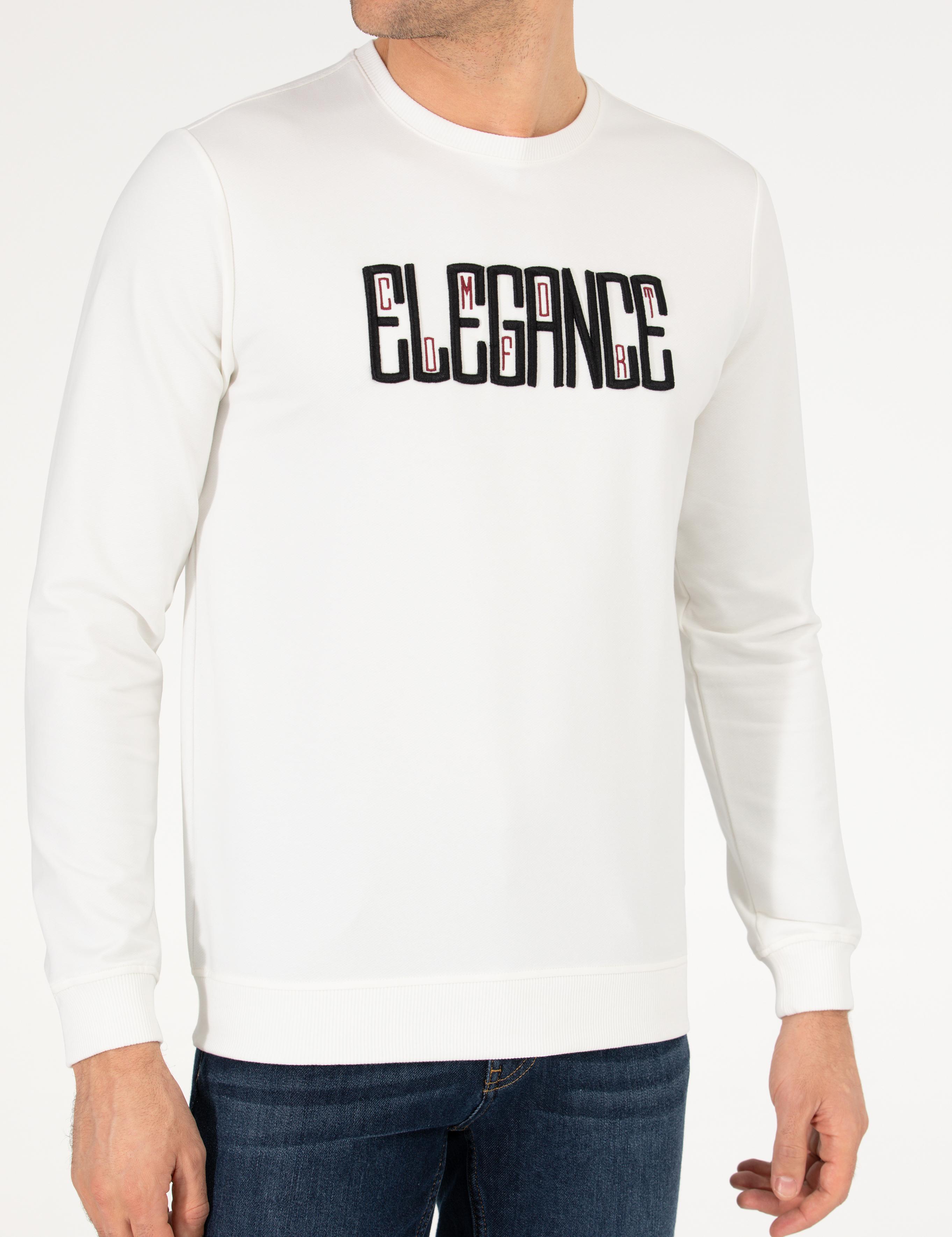 Beyaz Pamuk Karışımlı Bisiklet Yaka Sweatshirt - 50265561013
