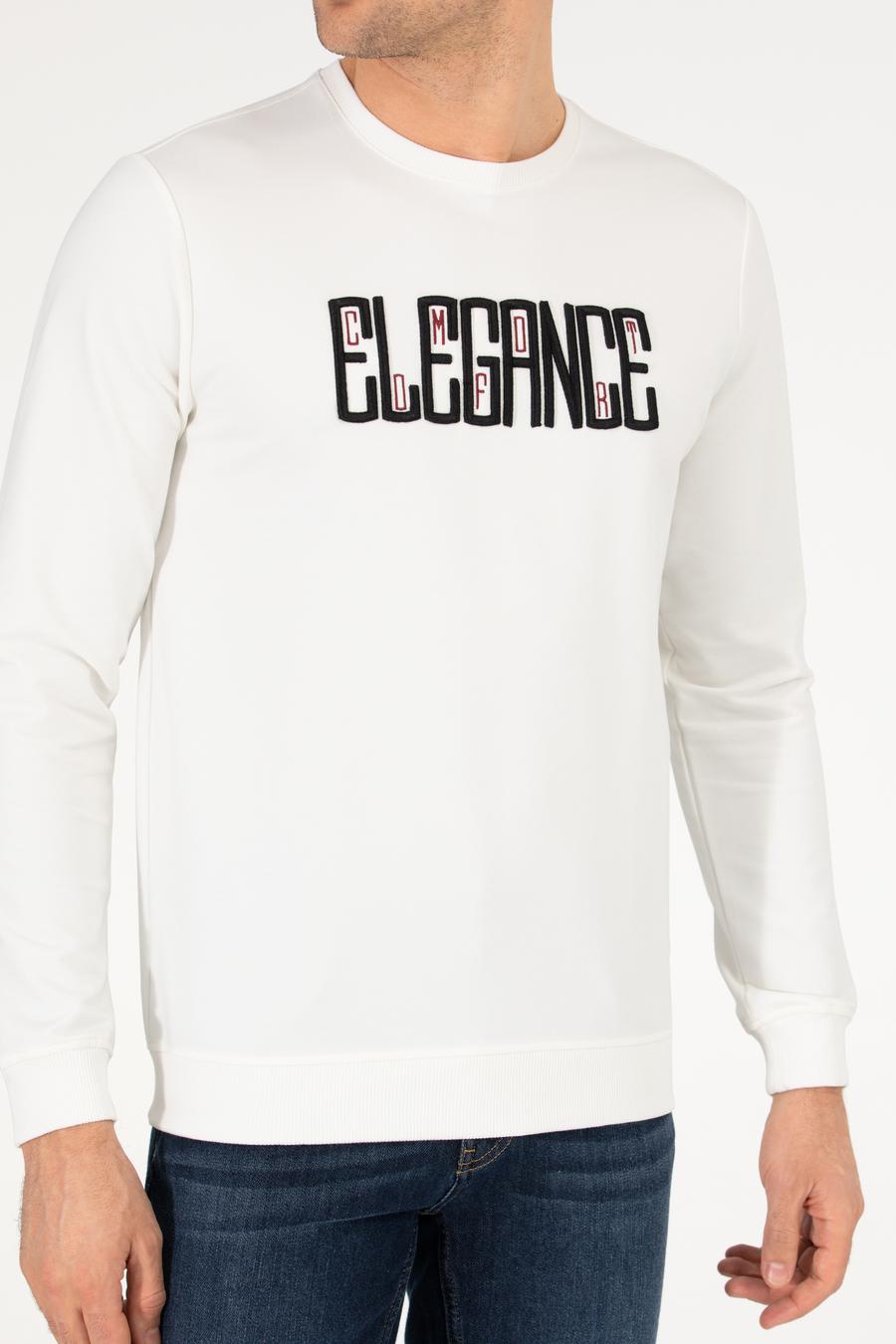 Beyaz Pamuk Karışımlı Bisiklet Yaka Sweatshirt - 50265561013