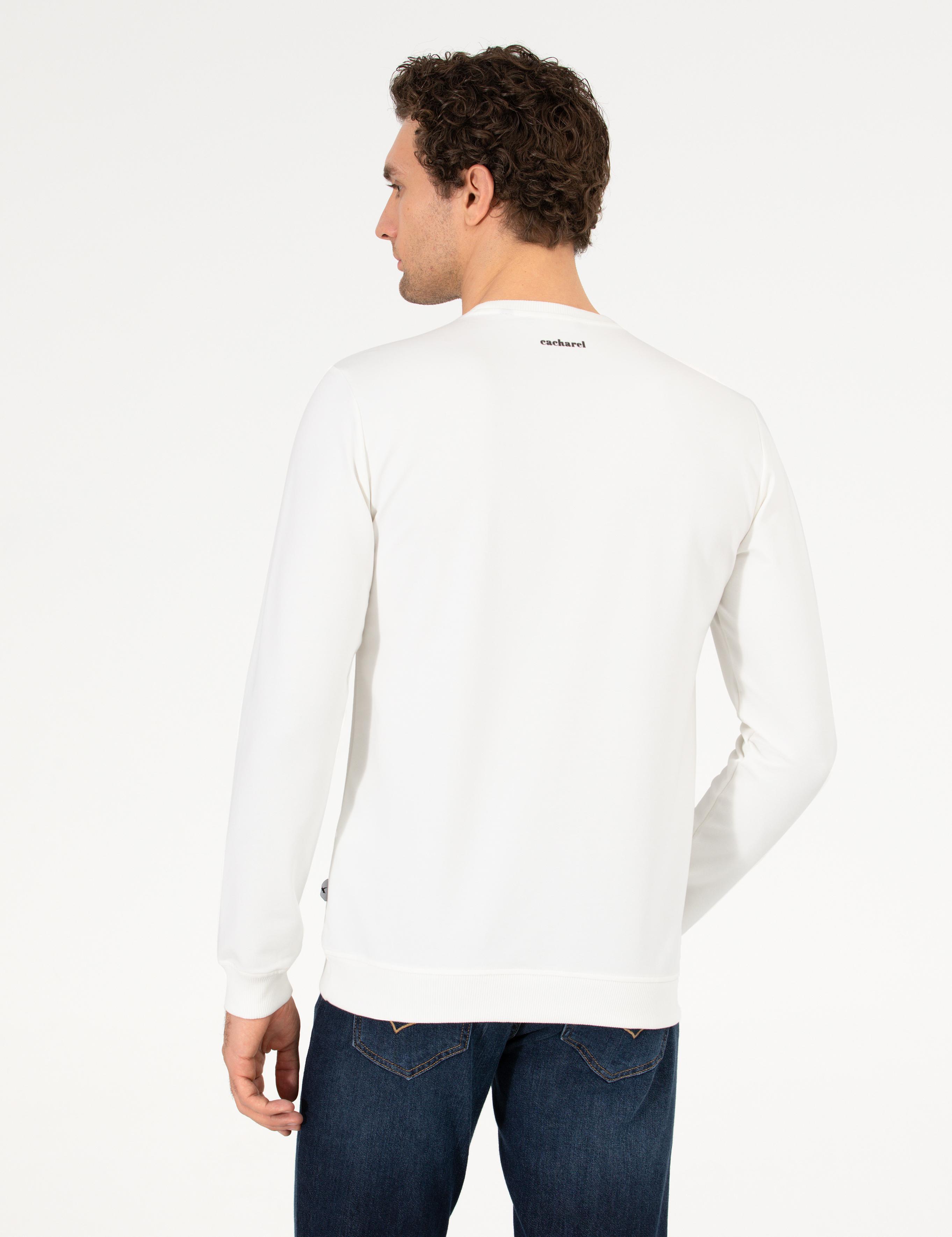 Beyaz Pamuk Karışımlı Bisiklet Yaka Sweatshirt - 50265561013