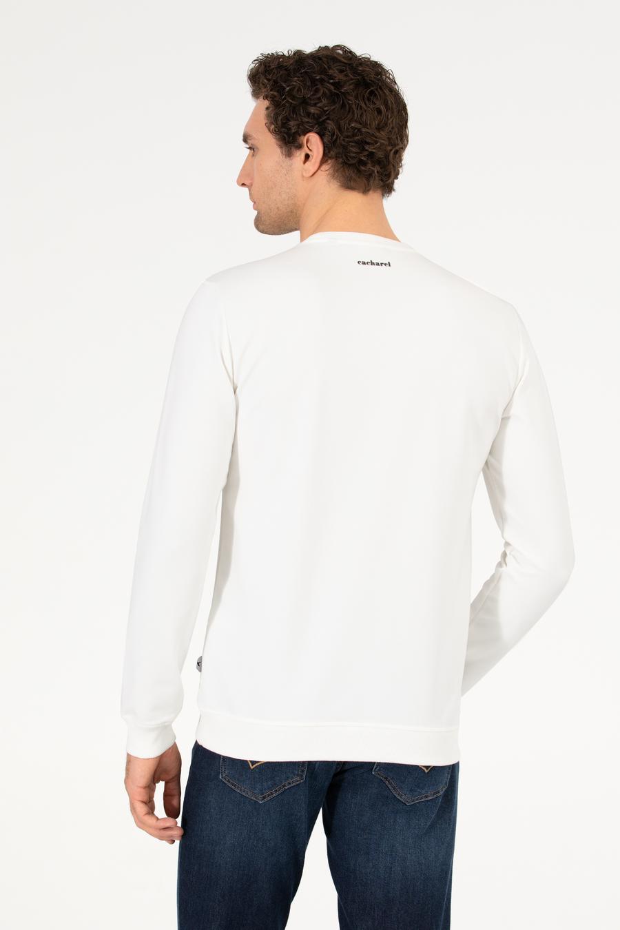 Beyaz Pamuk Karışımlı Bisiklet Yaka Sweatshirt - 50265561013