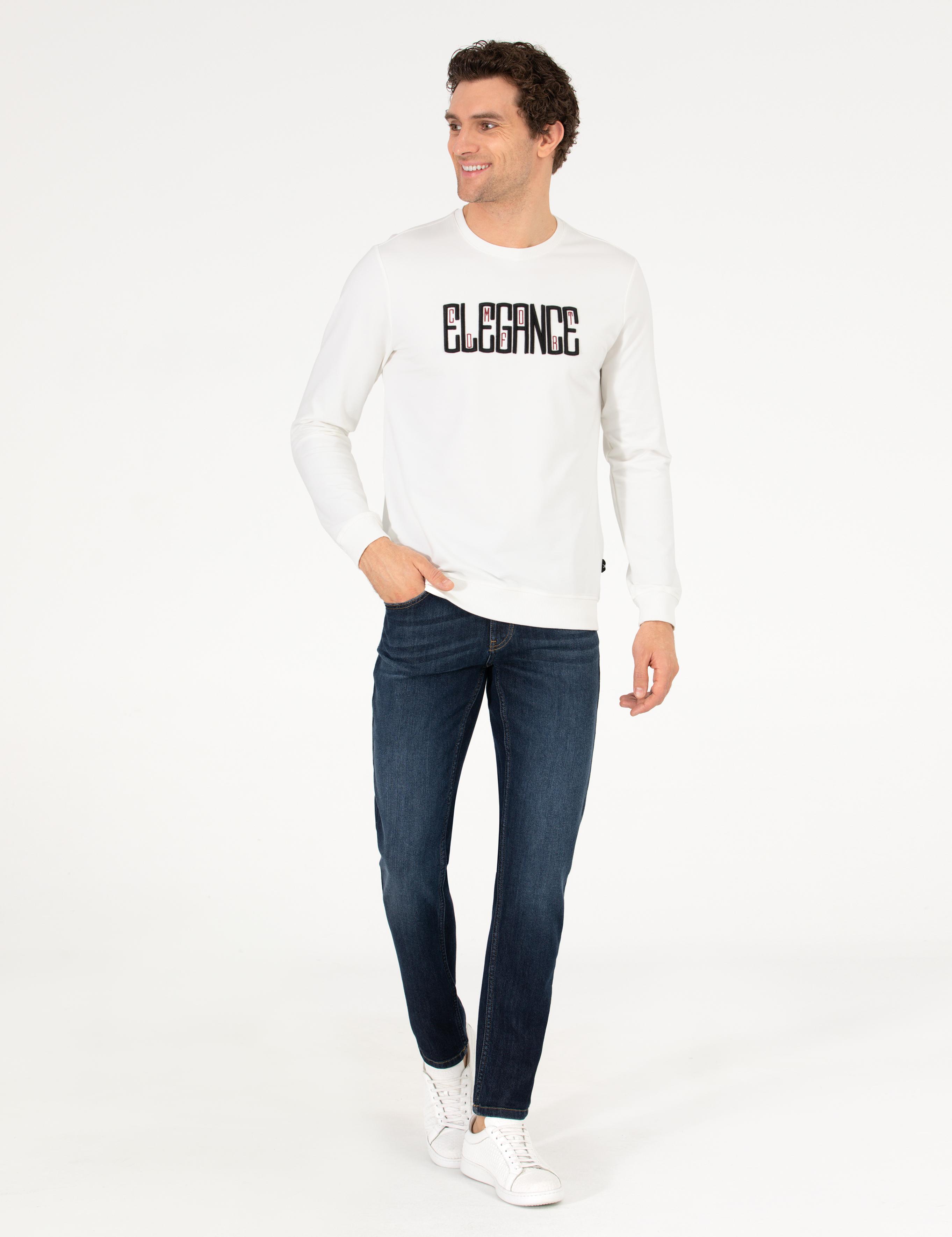 Beyaz Pamuk Karışımlı Bisiklet Yaka Sweatshirt - 50265561013