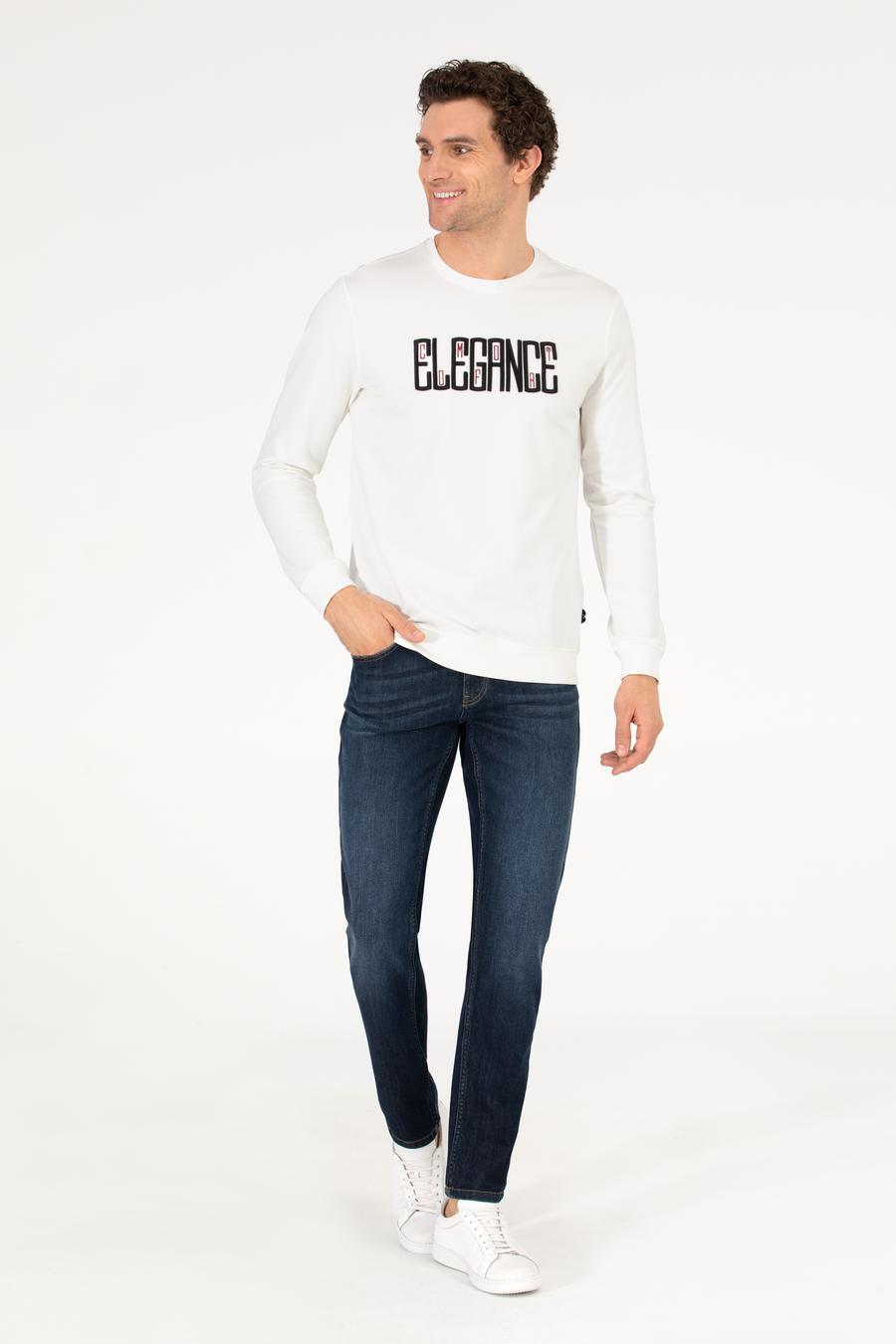 Beyaz Pamuk Karışımlı Bisiklet Yaka Sweatshirt - 50265561013