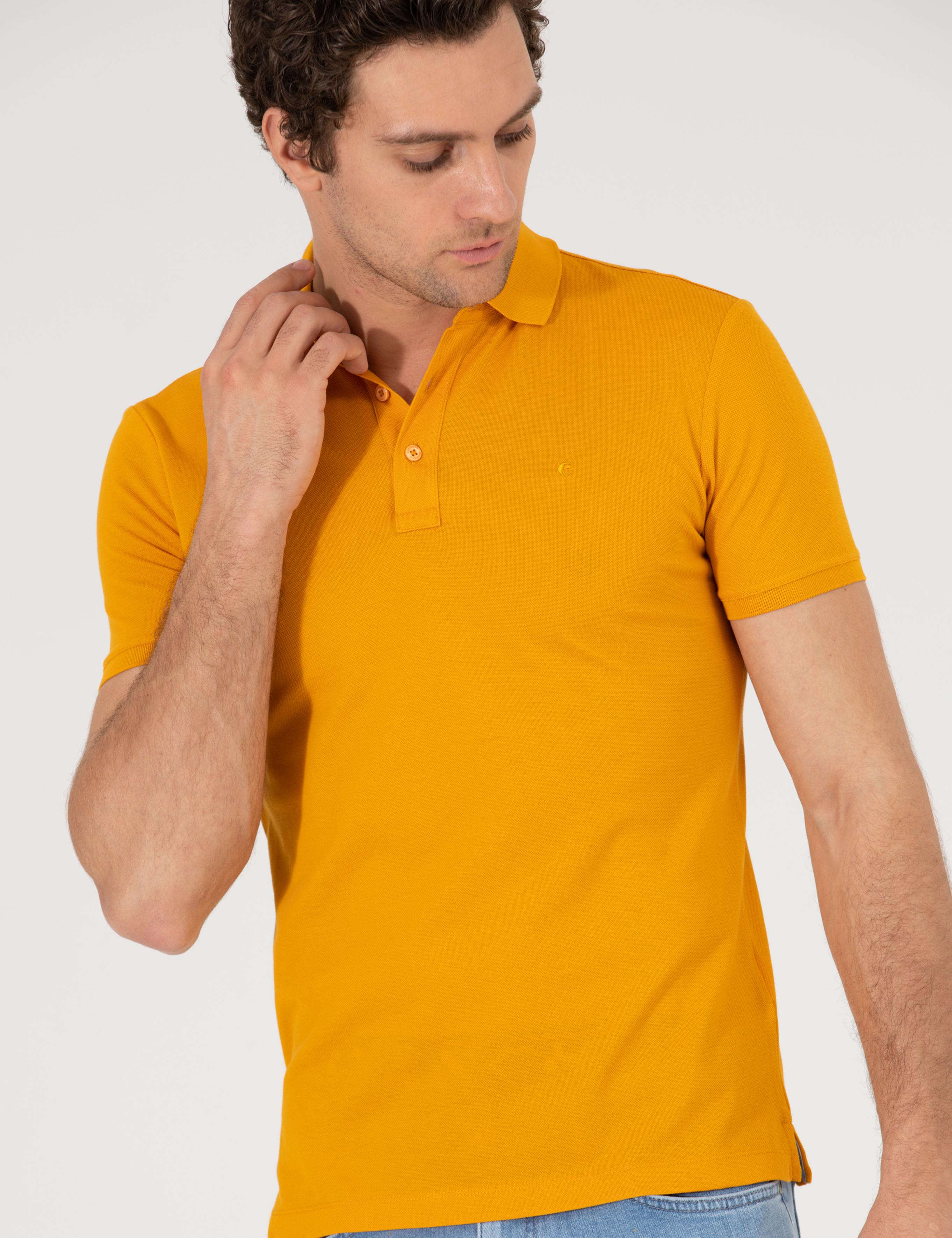 Koyu Sarı Polo Yaka Slim Fit Basic Merserize T-shirt - 50265364036