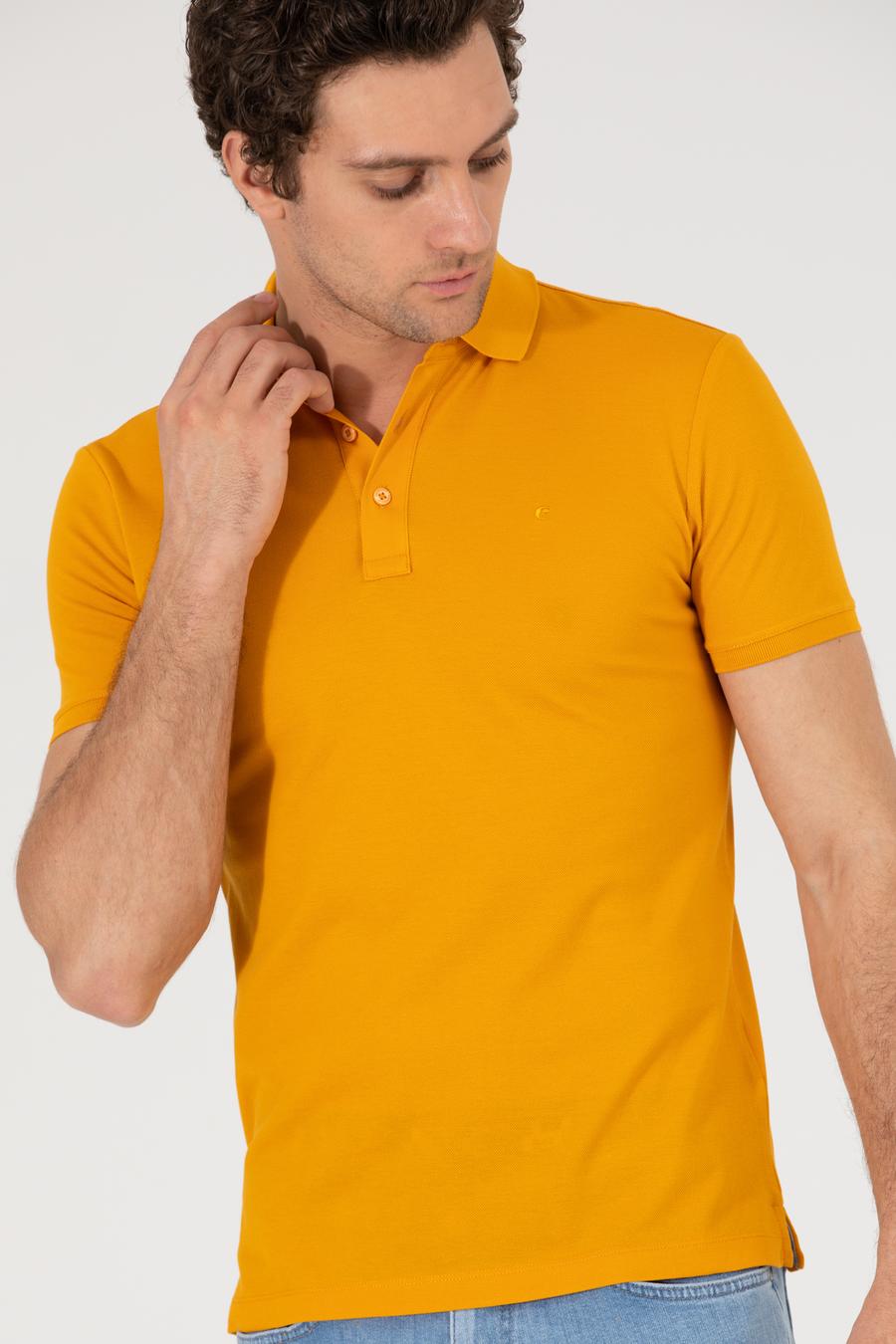 Koyu Sarı Polo Yaka Slim Fit Basic Merserize T-shirt - 50265364036