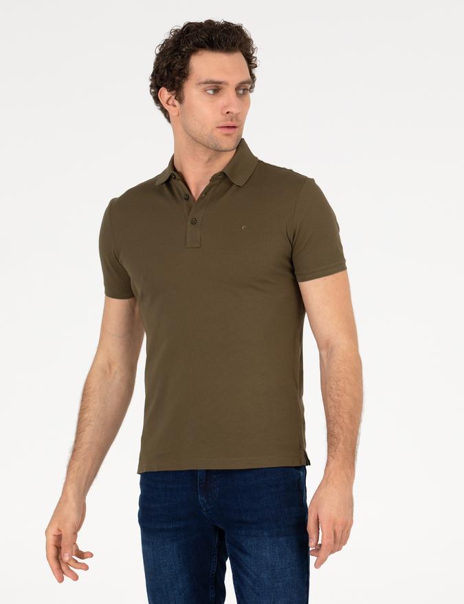 Haki Polo Yaka Slim Fit Basic Merserize T-shirt