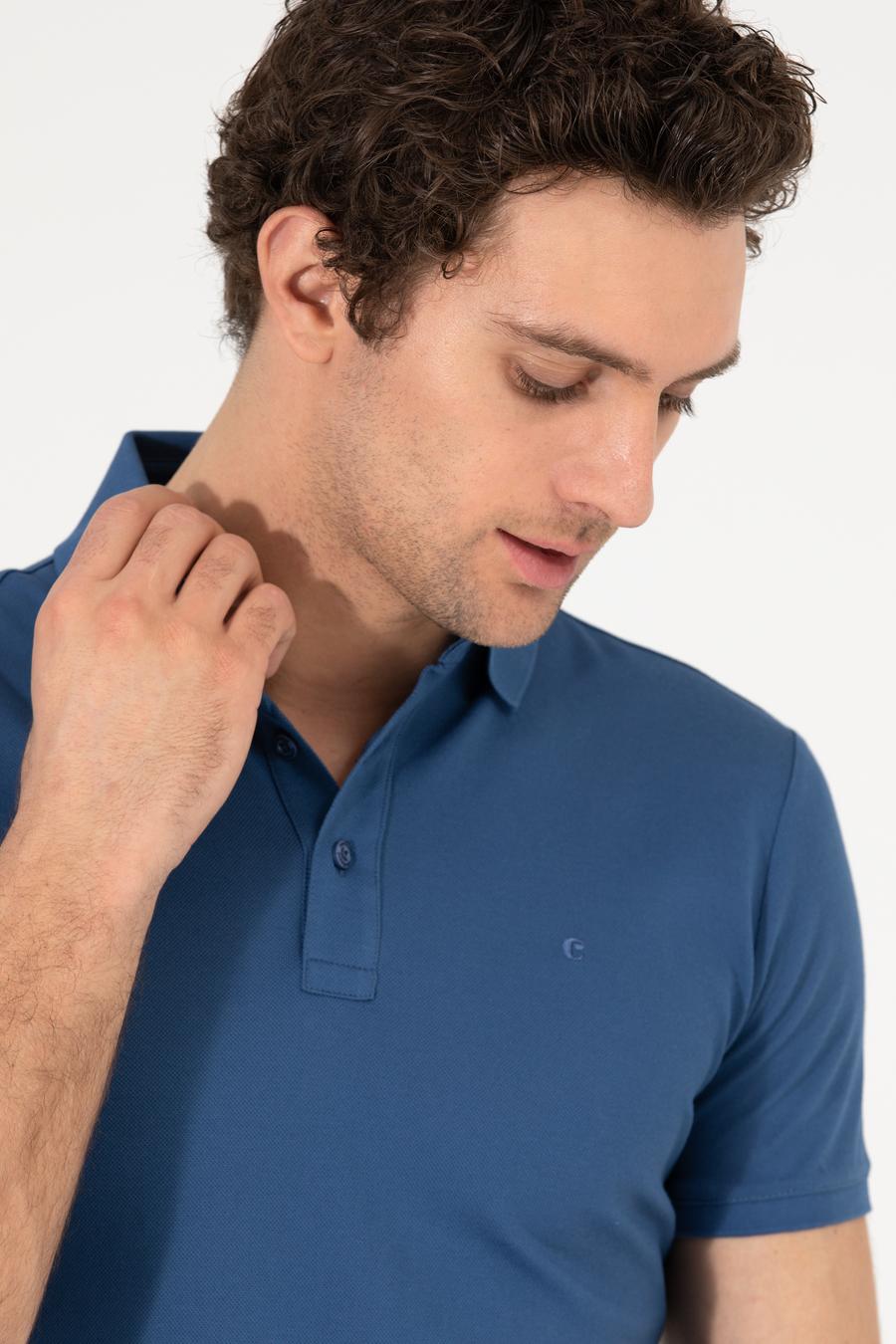 İndigo Polo Yaka Slim Fit Basic Merserize T-shirt - 50265364126