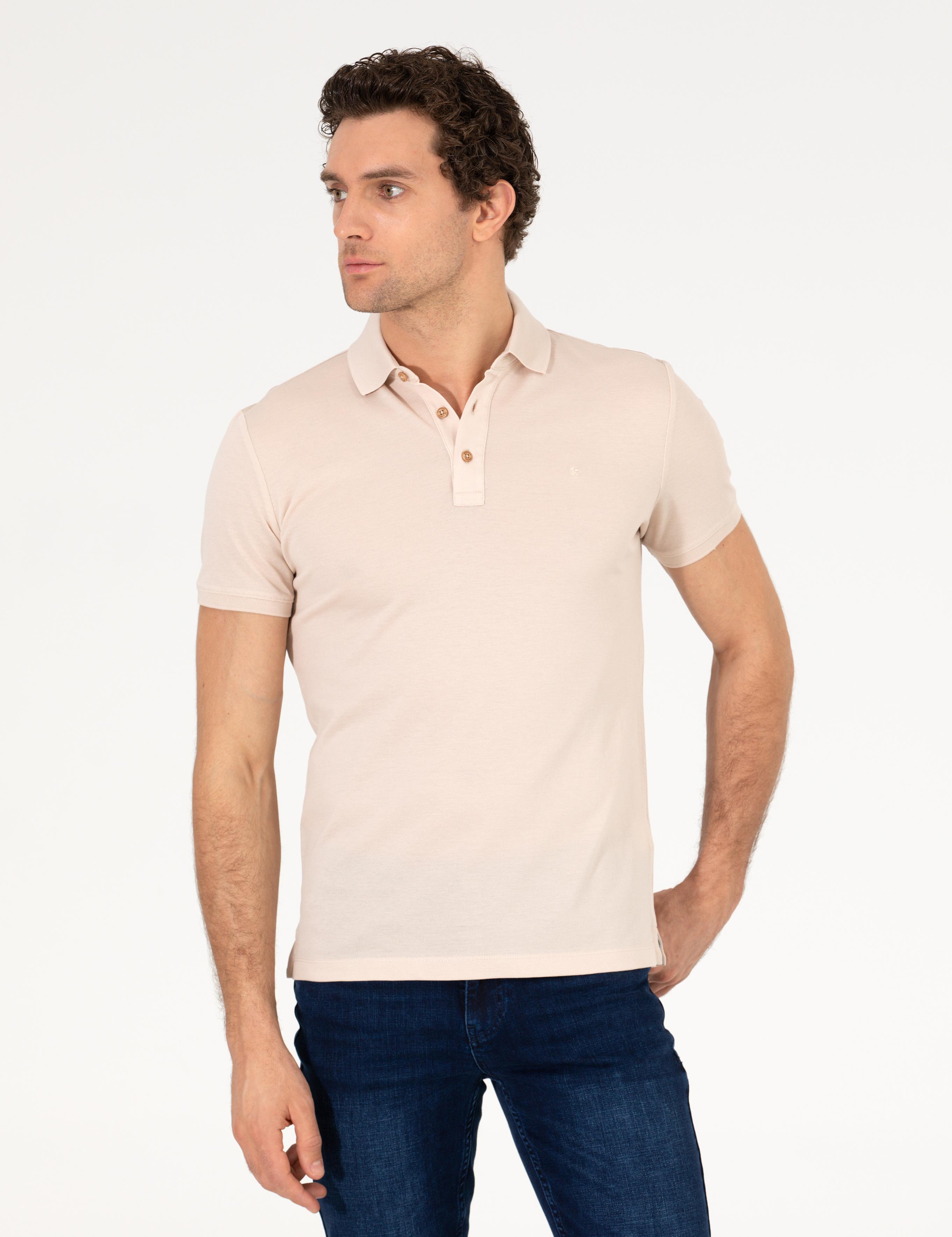 Bej Polo Yaka Slim Fit Basic Merserize T-shirt - 50265364186