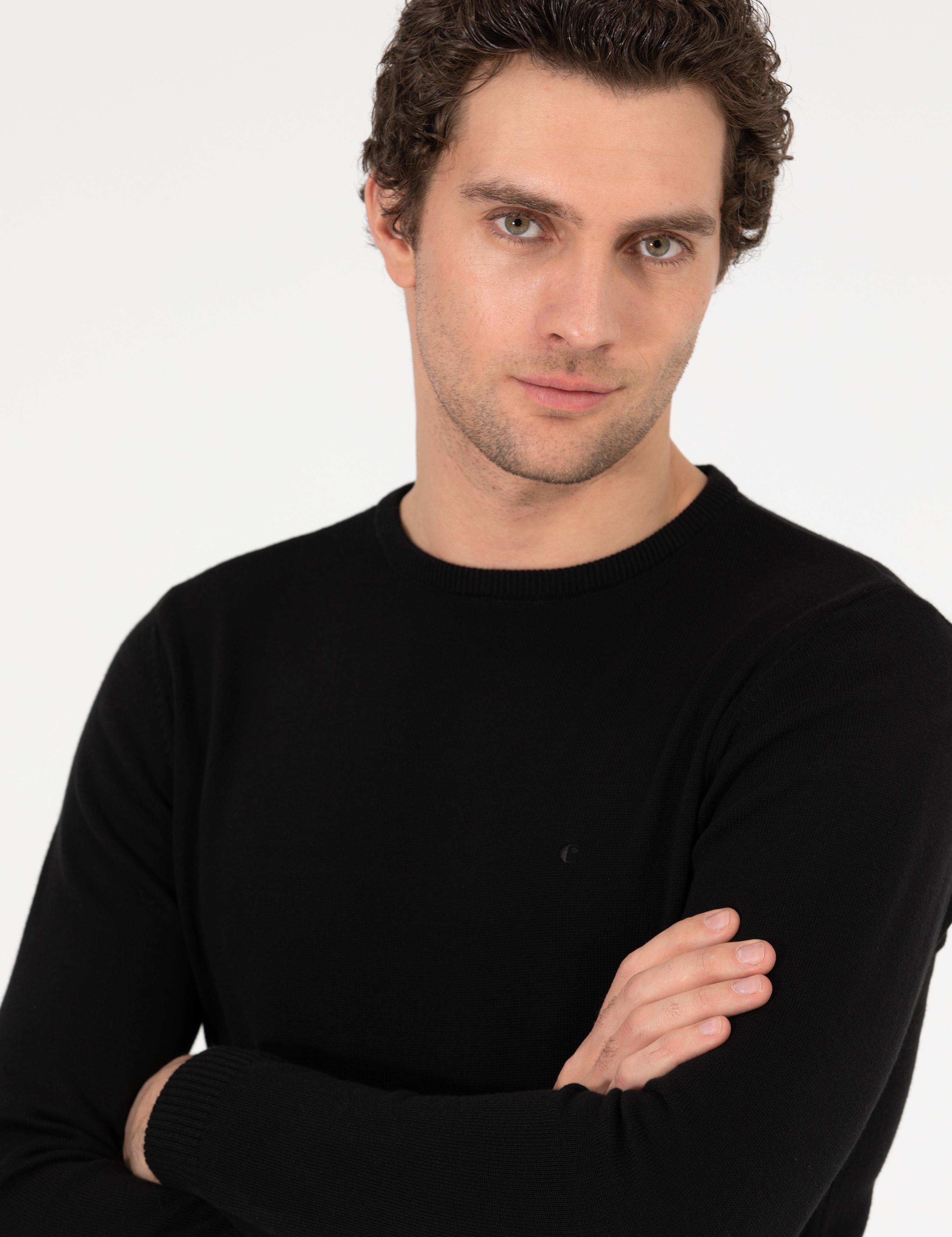 Siyah Slim Fit Bisiklet Yaka Basic Triko Kazak - 50257379006