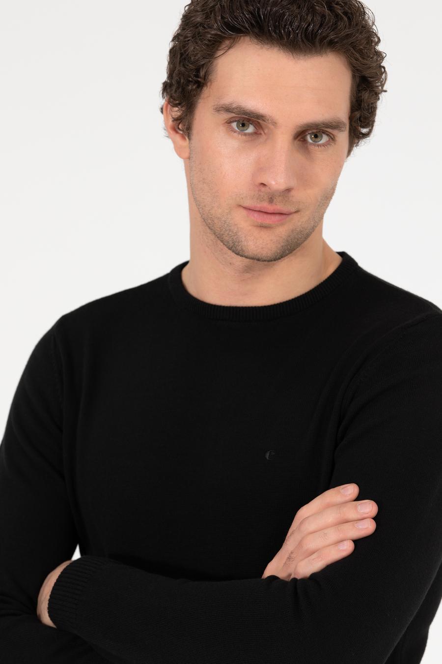 Siyah Slim Fit Bisiklet Yaka Basic Triko Kazak - 50257379006