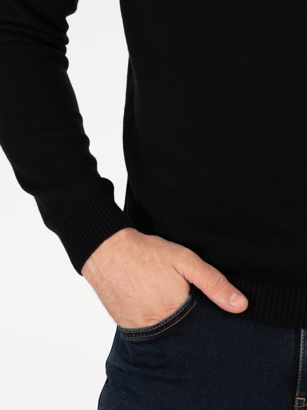 Siyah Slim Fit Bisiklet Yaka Basic Triko Kazak