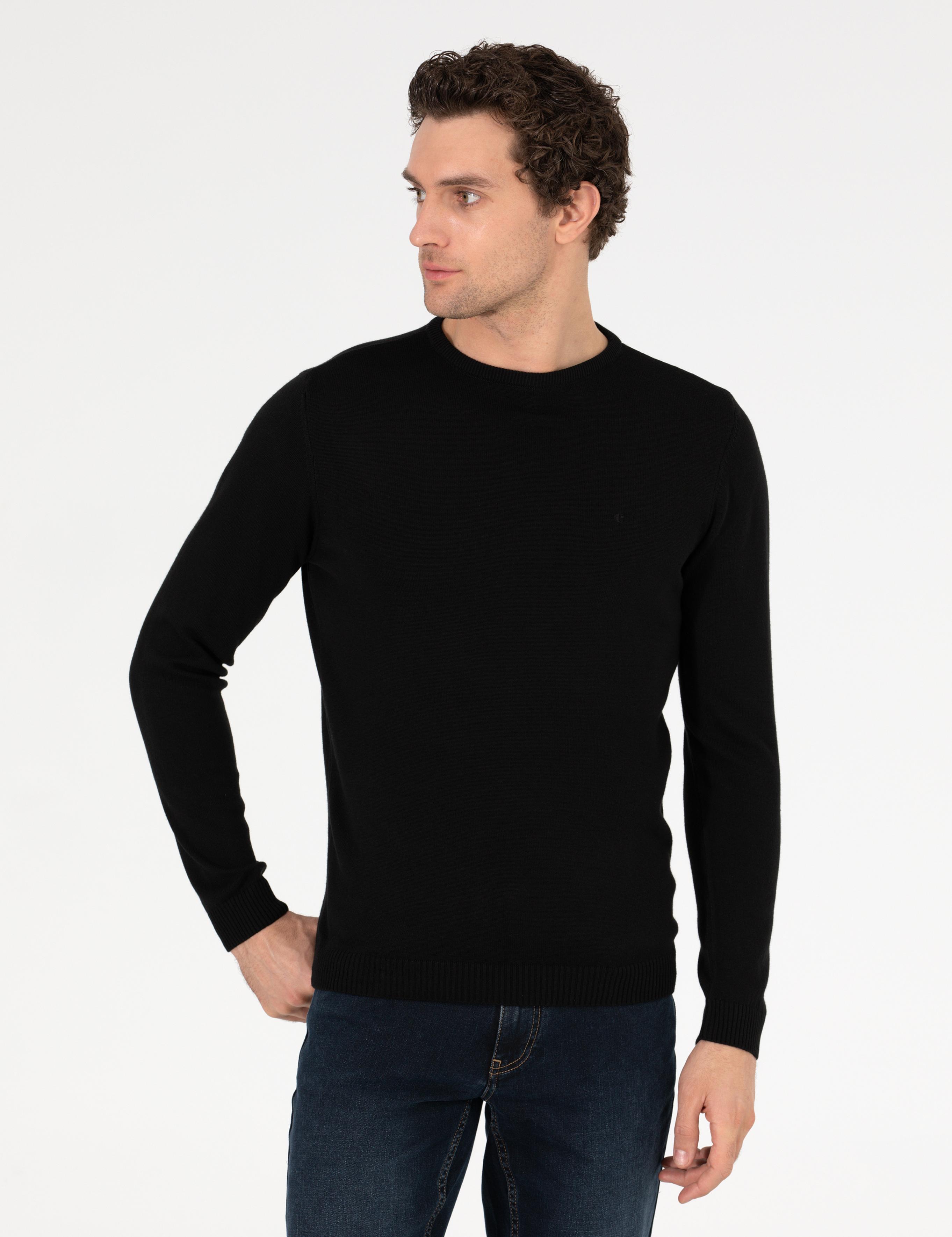 Siyah Slim Fit Bisiklet Yaka Basic Triko Kazak - 50257379006