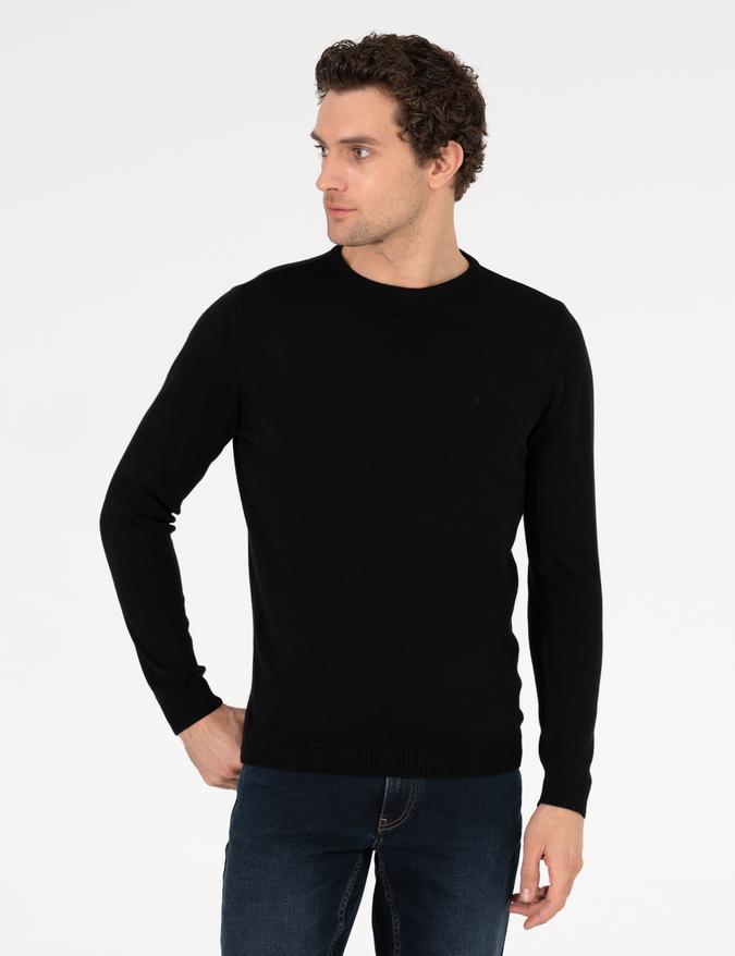 Siyah Slim Fit Bisiklet Yaka Basic Triko Kazak