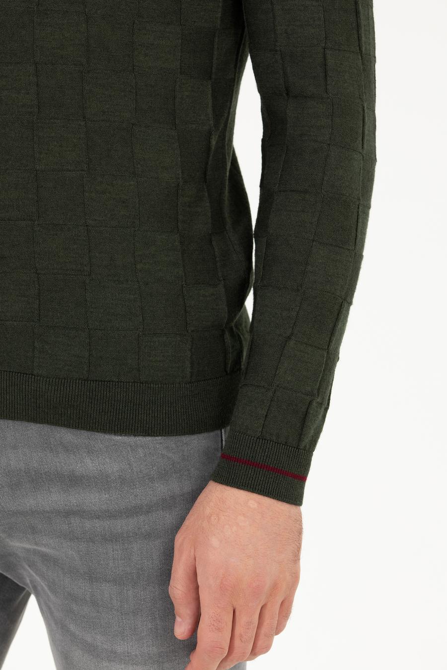 Haki Slim Fit Yün Karışımlı Bisiklet Yaka Triko Kazak - 50258883034