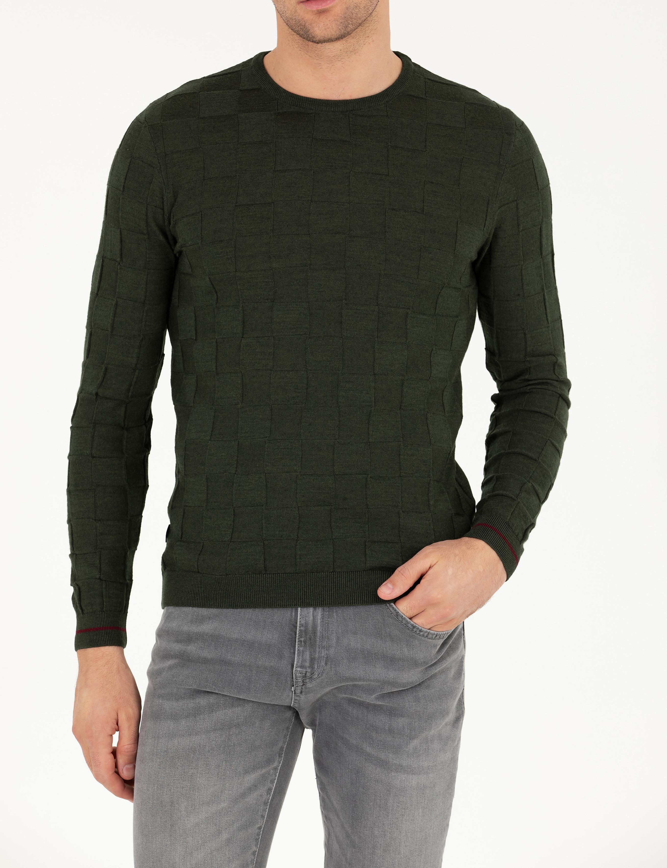 Haki Slim Fit Yün Karışımlı Bisiklet Yaka Triko Kazak - 50258883034
