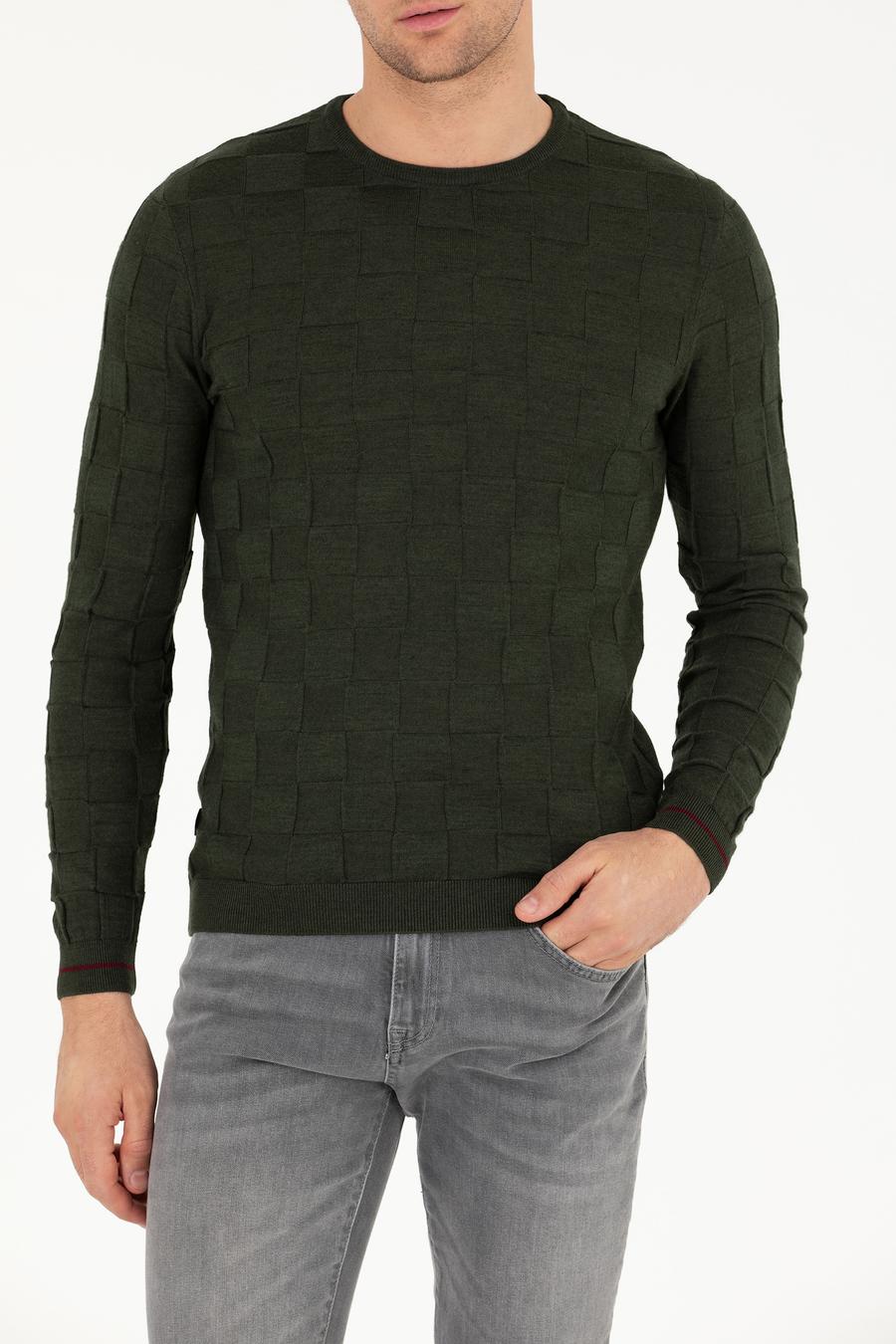 Haki Slim Fit Yün Karışımlı Bisiklet Yaka Triko Kazak - 50258883034