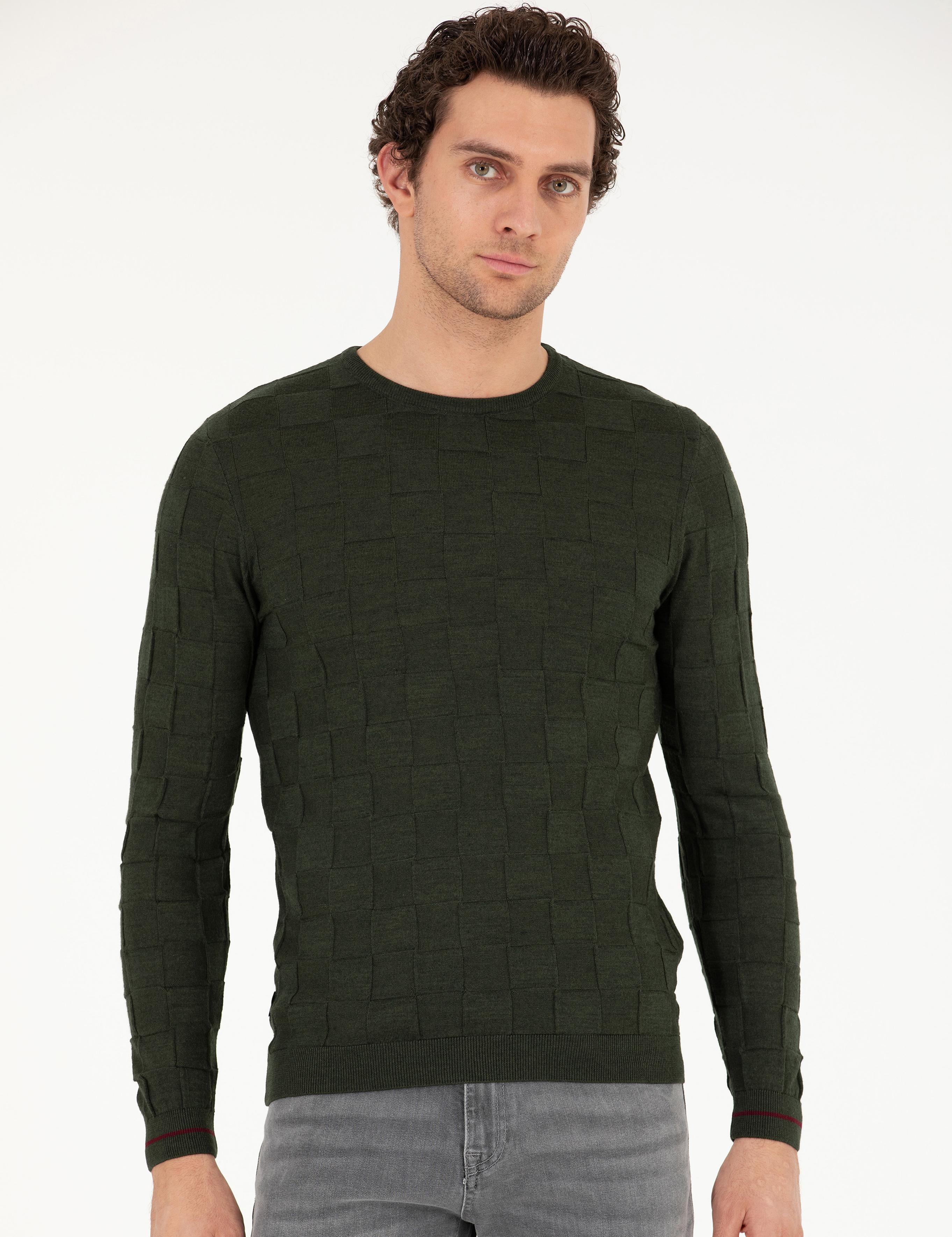 Haki Slim Fit Yün Karışımlı Bisiklet Yaka Triko Kazak - 50258883034