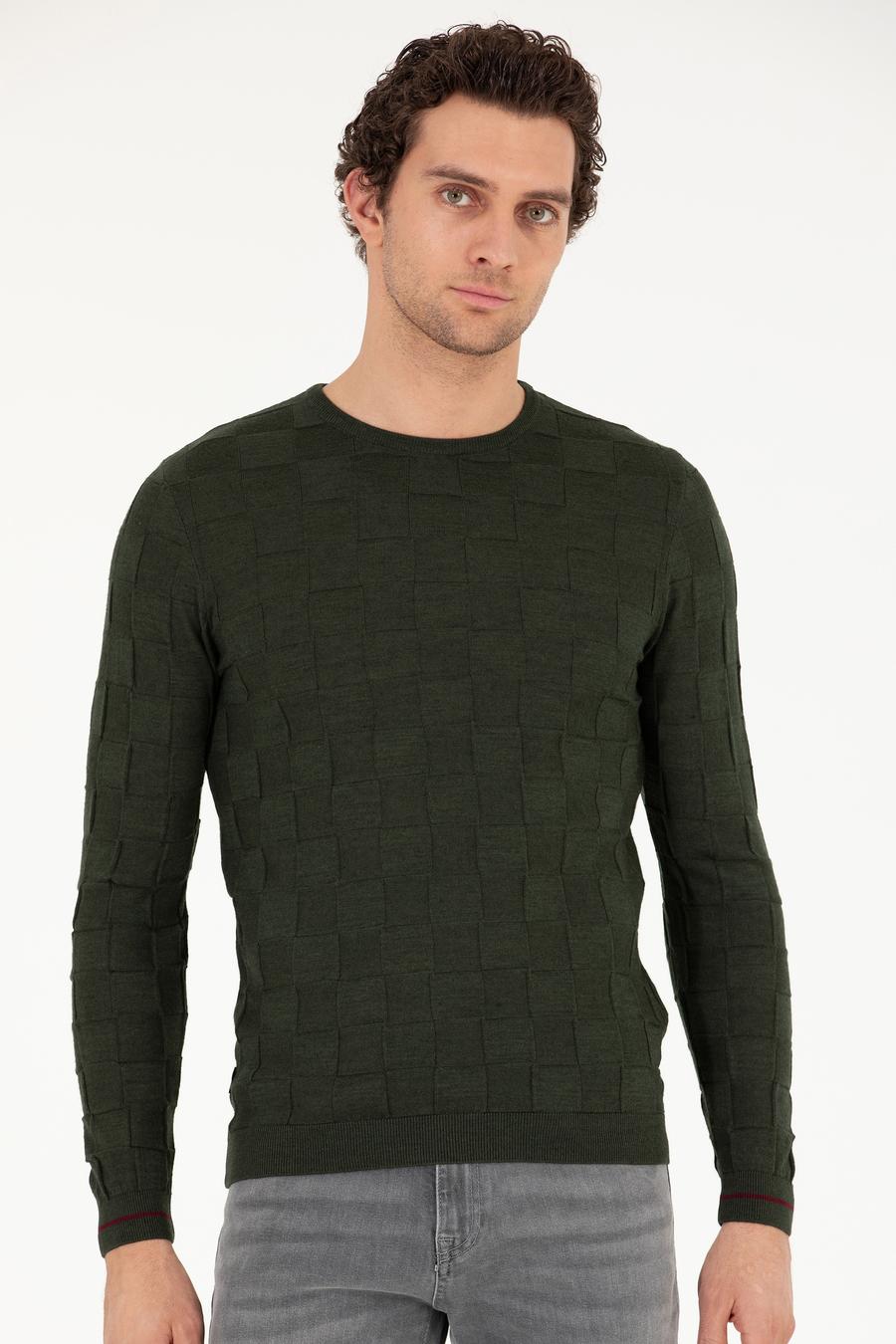 Haki Slim Fit Yün Karışımlı Bisiklet Yaka Triko Kazak - 50258883034