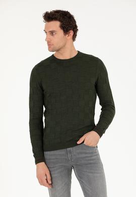 Haki Slim Fit Yün Karışımlı Bisiklet Yaka Triko Kazak
