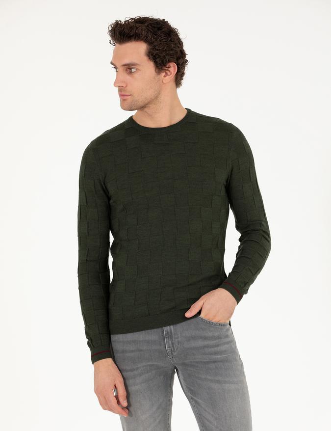 Haki Slim Fit Yün Karışımlı Bisiklet Yaka Triko Kazak