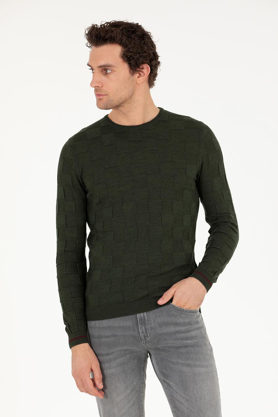 Haki Slim Fit Yün Karışımlı Bisiklet Yaka Triko Kazak - 50258883034