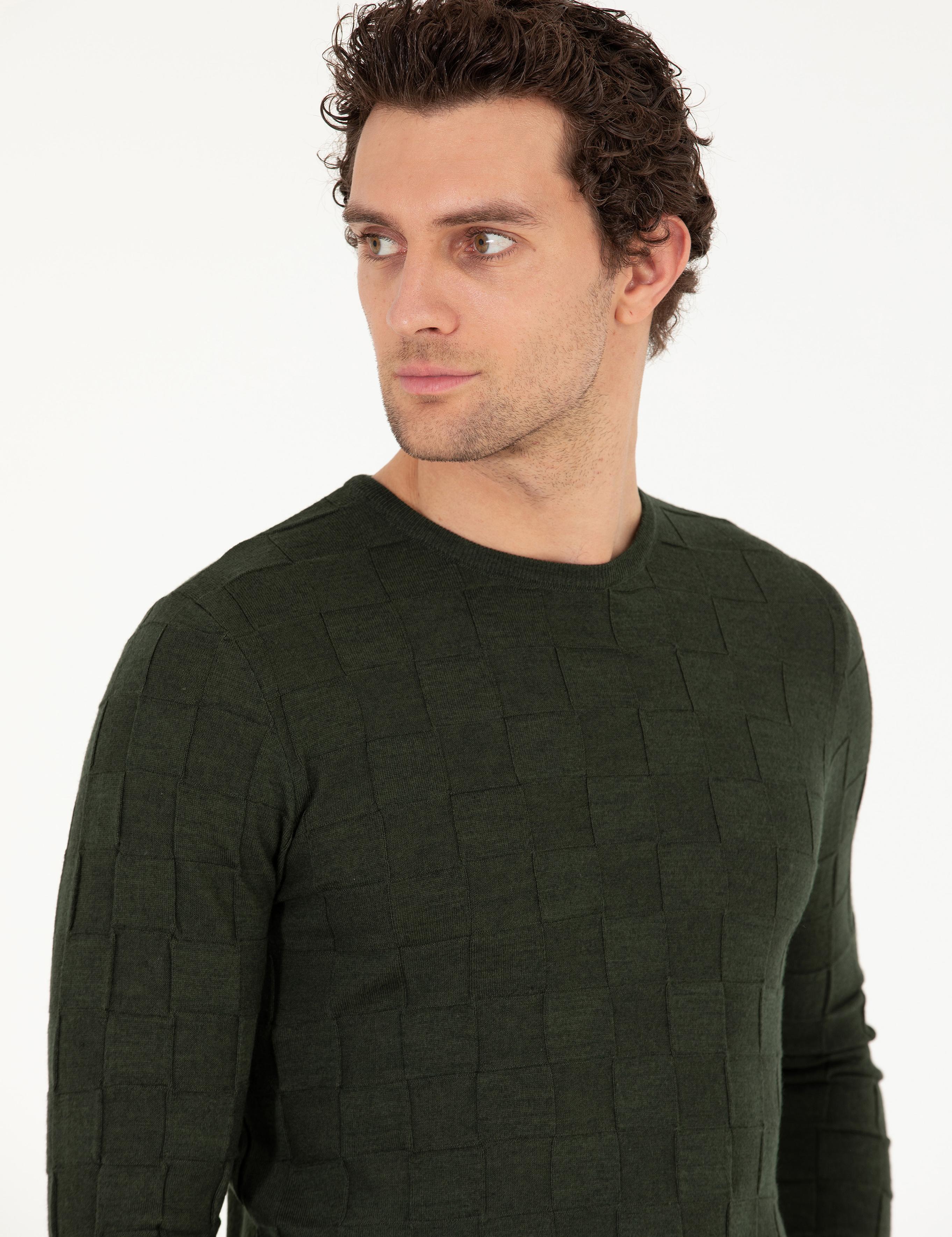 Haki Slim Fit Yün Karışımlı Bisiklet Yaka Triko Kazak - 50258883034