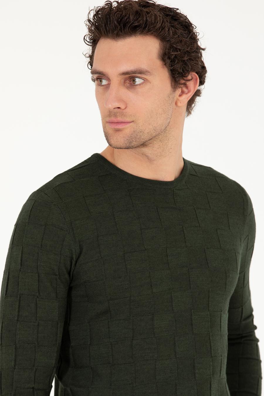 Haki Slim Fit Yün Karışımlı Bisiklet Yaka Triko Kazak - 50258883034