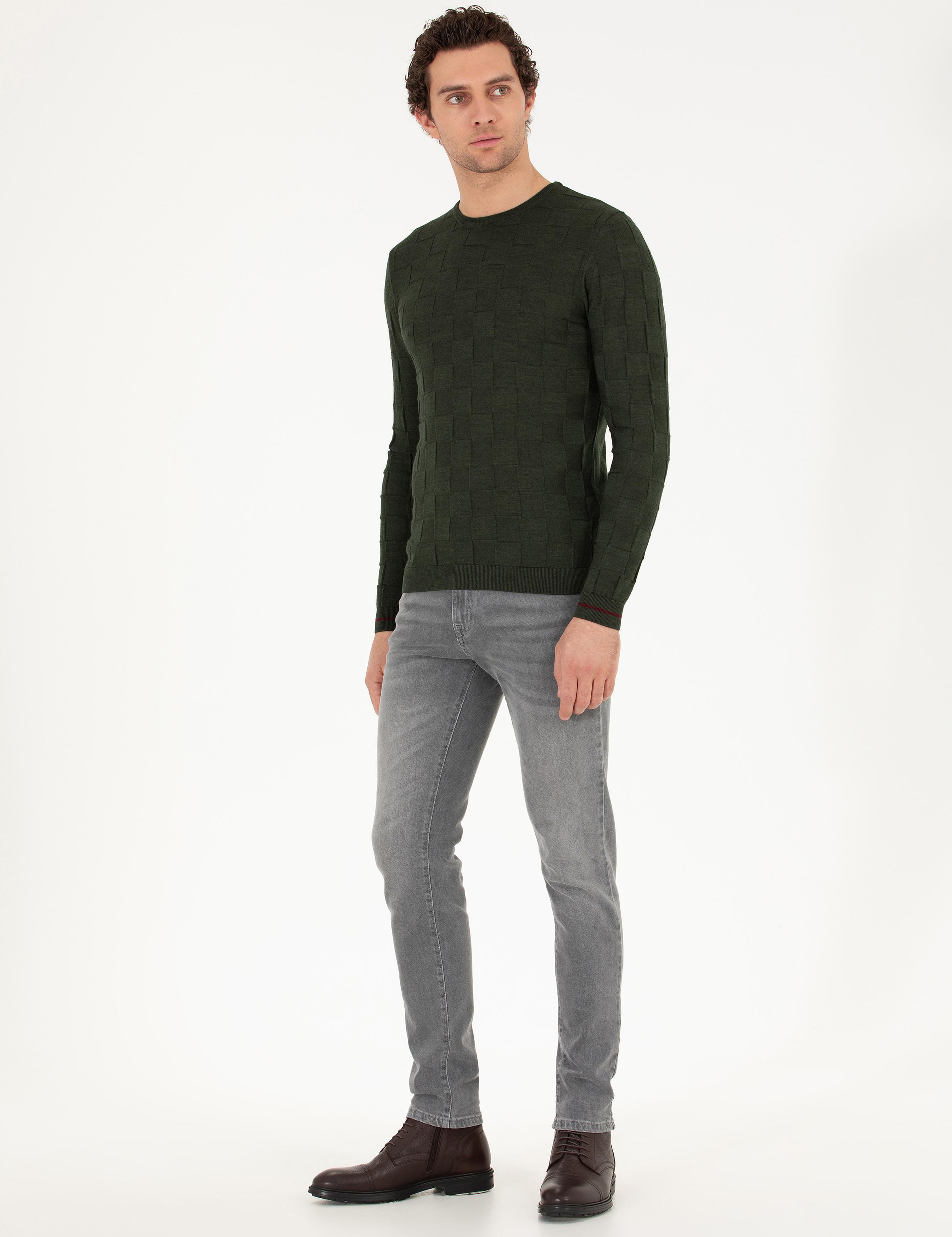 Haki Slim Fit Yün Karışımlı Bisiklet Yaka Triko Kazak - 50258883034