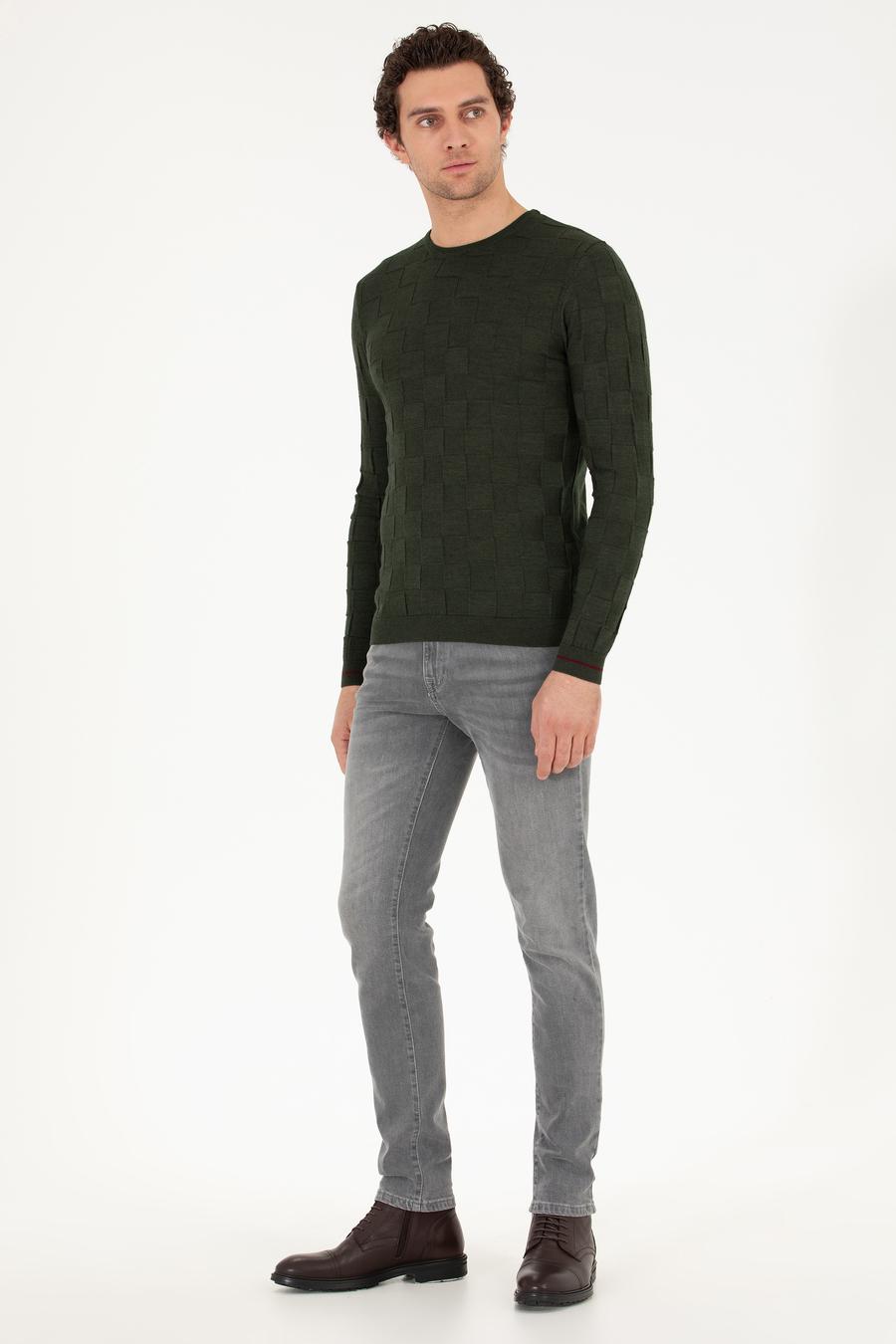 Haki Slim Fit Yün Karışımlı Bisiklet Yaka Triko Kazak - 50258883034