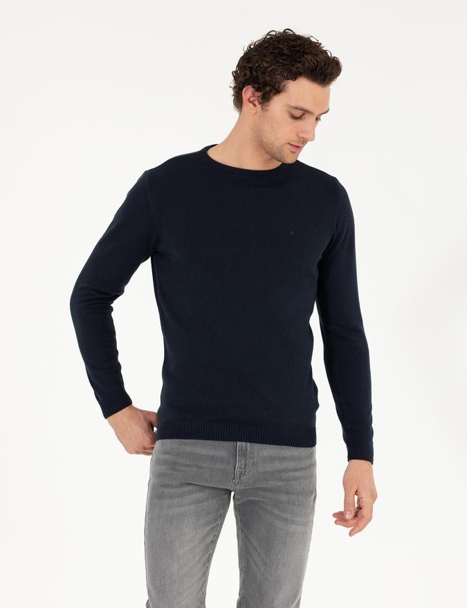 Lacivert Slim Fit Bisiklet Yaka Basic Triko Kazak