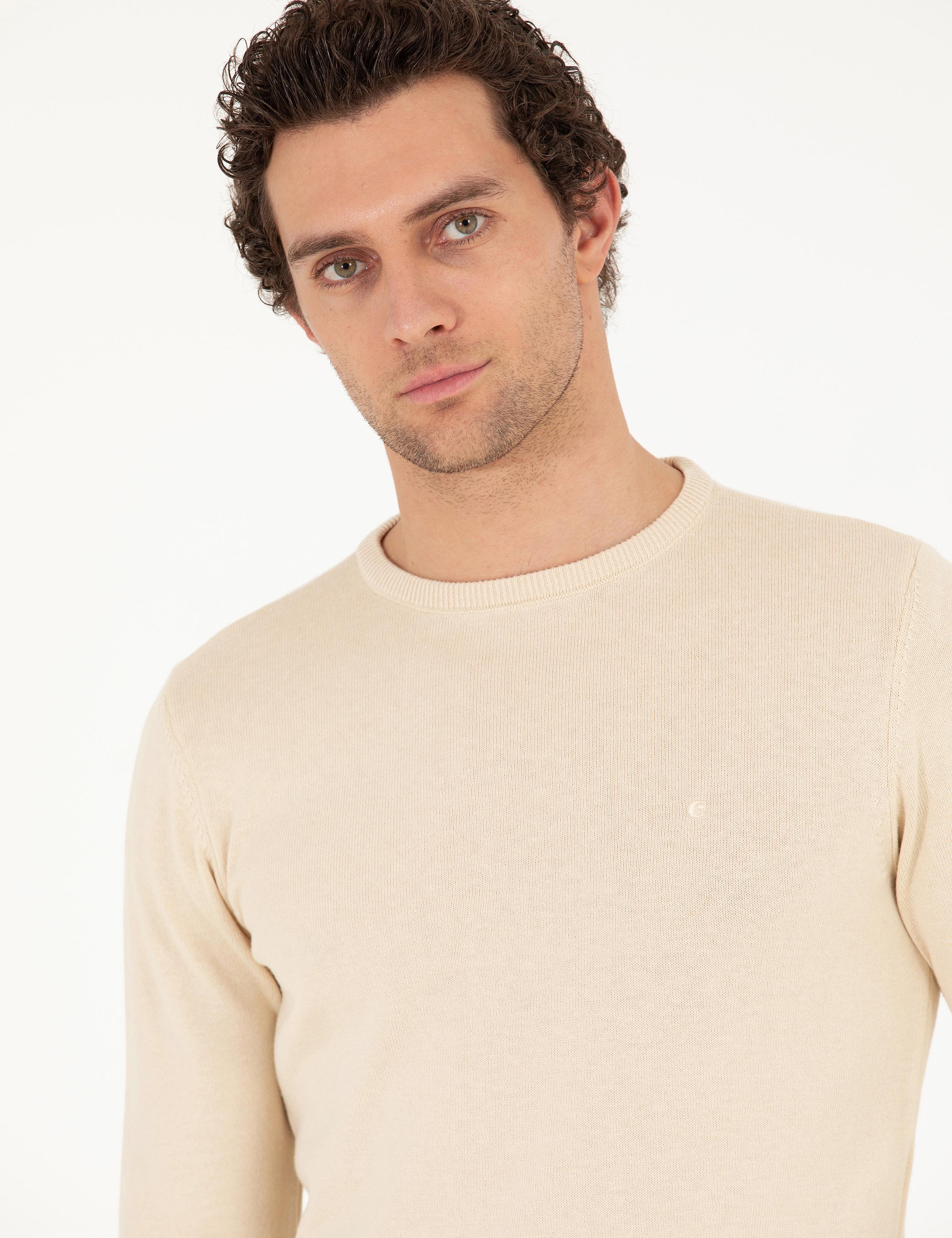 Bej Slim Fit Pamuk Karışımlı Bisiklet Yaka Basic Triko Kazak - 50257379028