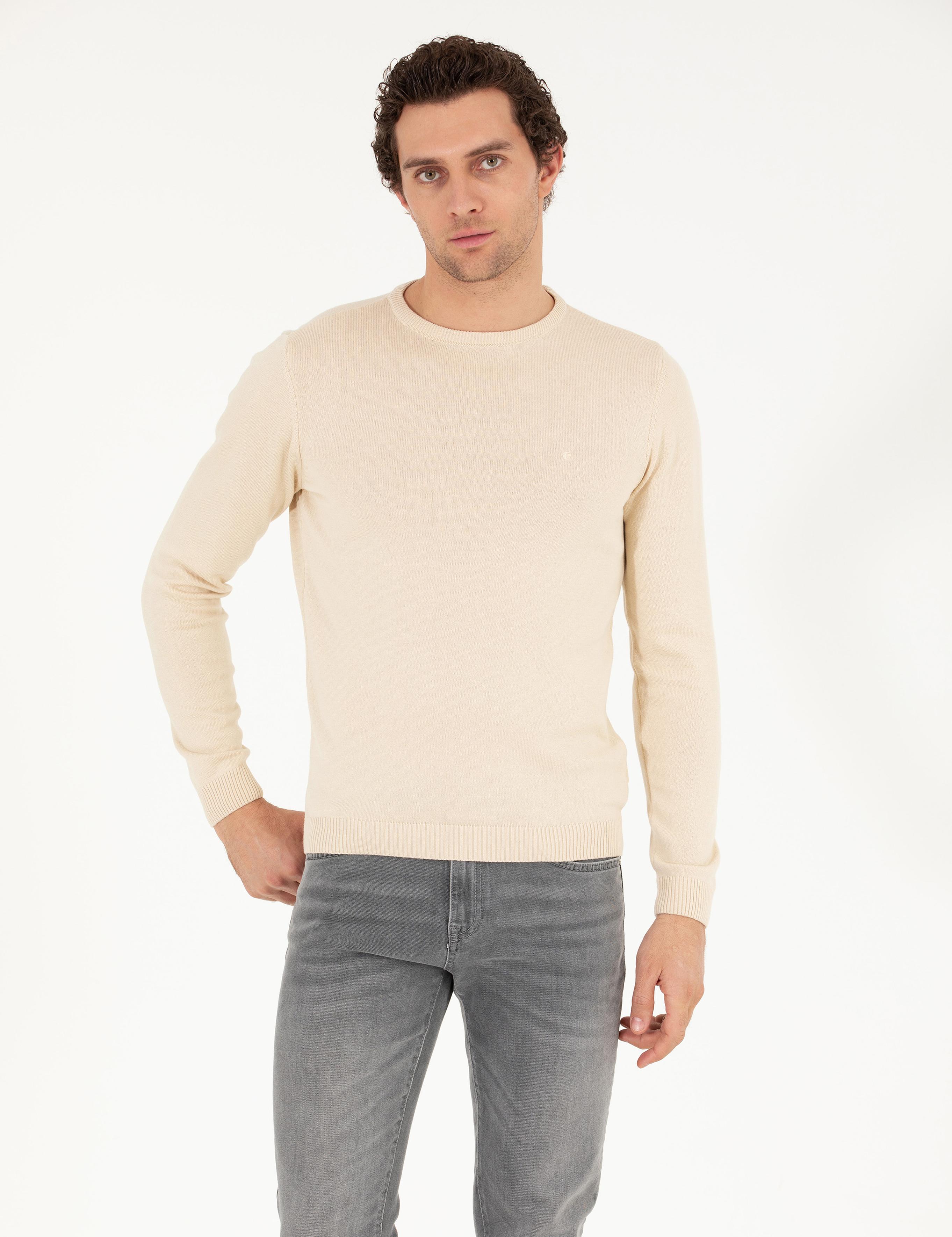 Bej Slim Fit Pamuk Karışımlı Bisiklet Yaka Basic Triko Kazak - 50257379028