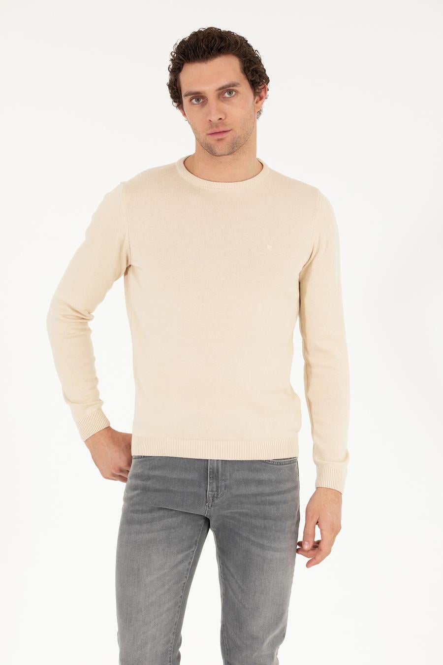 Bej Slim Fit Pamuk Karışımlı Bisiklet Yaka Basic Triko Kazak - 50257379028