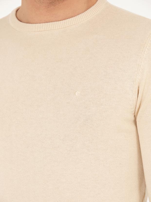 Bej Slim Fit Pamuk Karışımlı Bisiklet Yaka Basic Triko Kazak