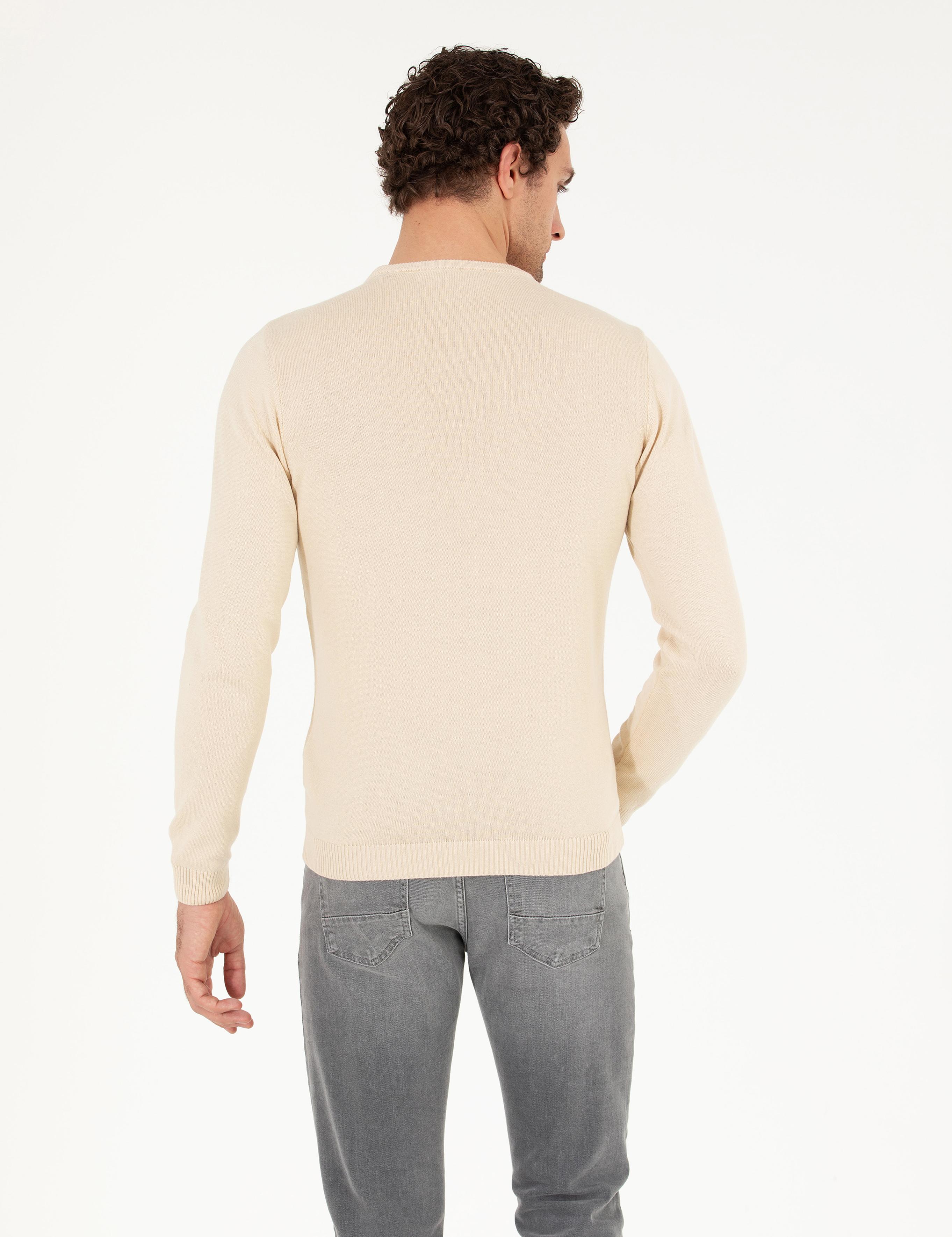 Bej Slim Fit Pamuk Karışımlı Bisiklet Yaka Basic Triko Kazak - 50257379028
