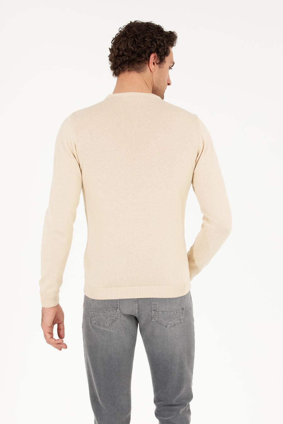 Bej Slim Fit Pamuk Karışımlı Bisiklet Yaka Basic Triko Kazak - 50257379028