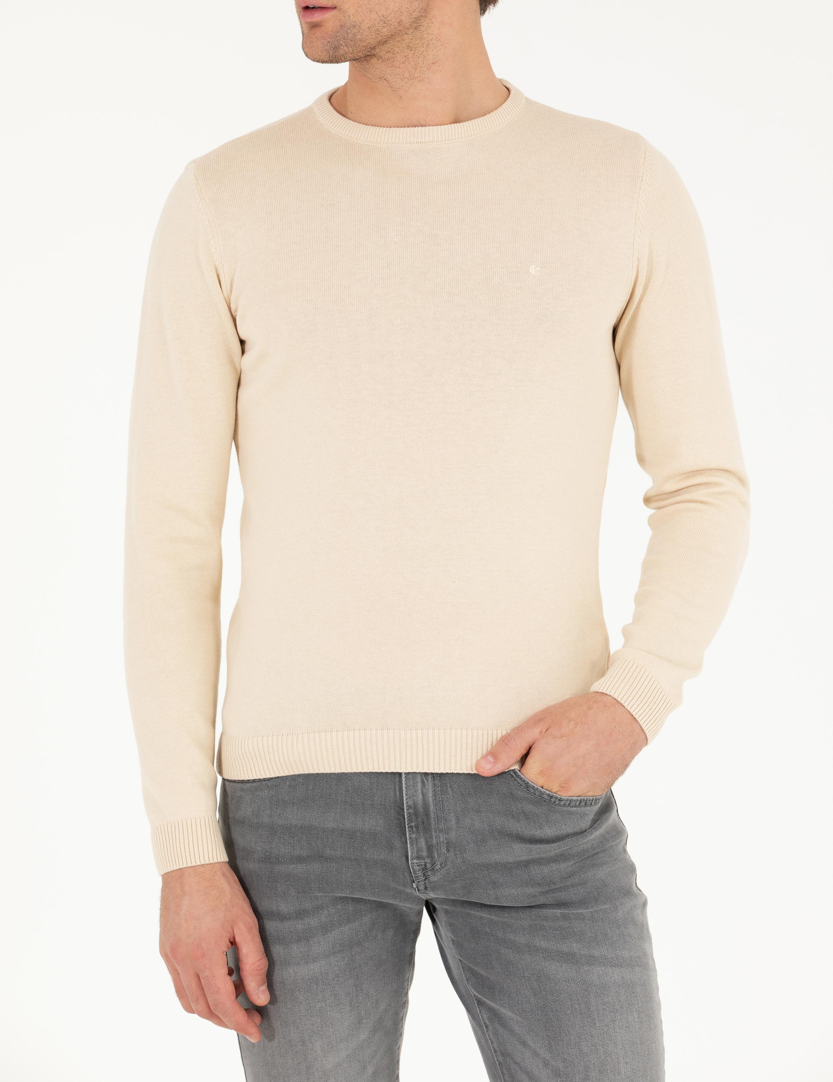 Bej Slim Fit Pamuk Karışımlı Bisiklet Yaka Basic Triko Kazak - 50257379028