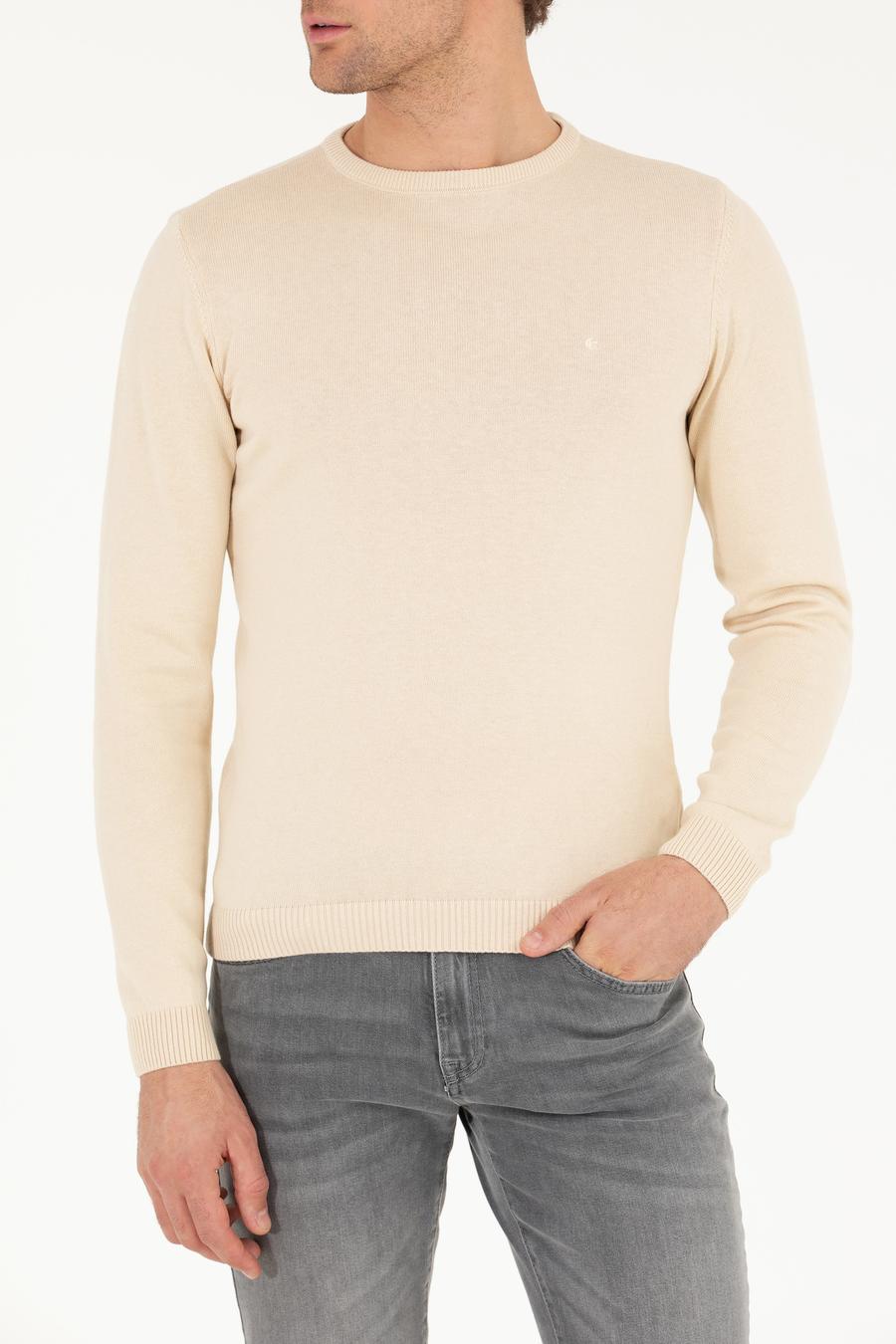 Bej Slim Fit Pamuk Karışımlı Bisiklet Yaka Basic Triko Kazak - 50257379028
