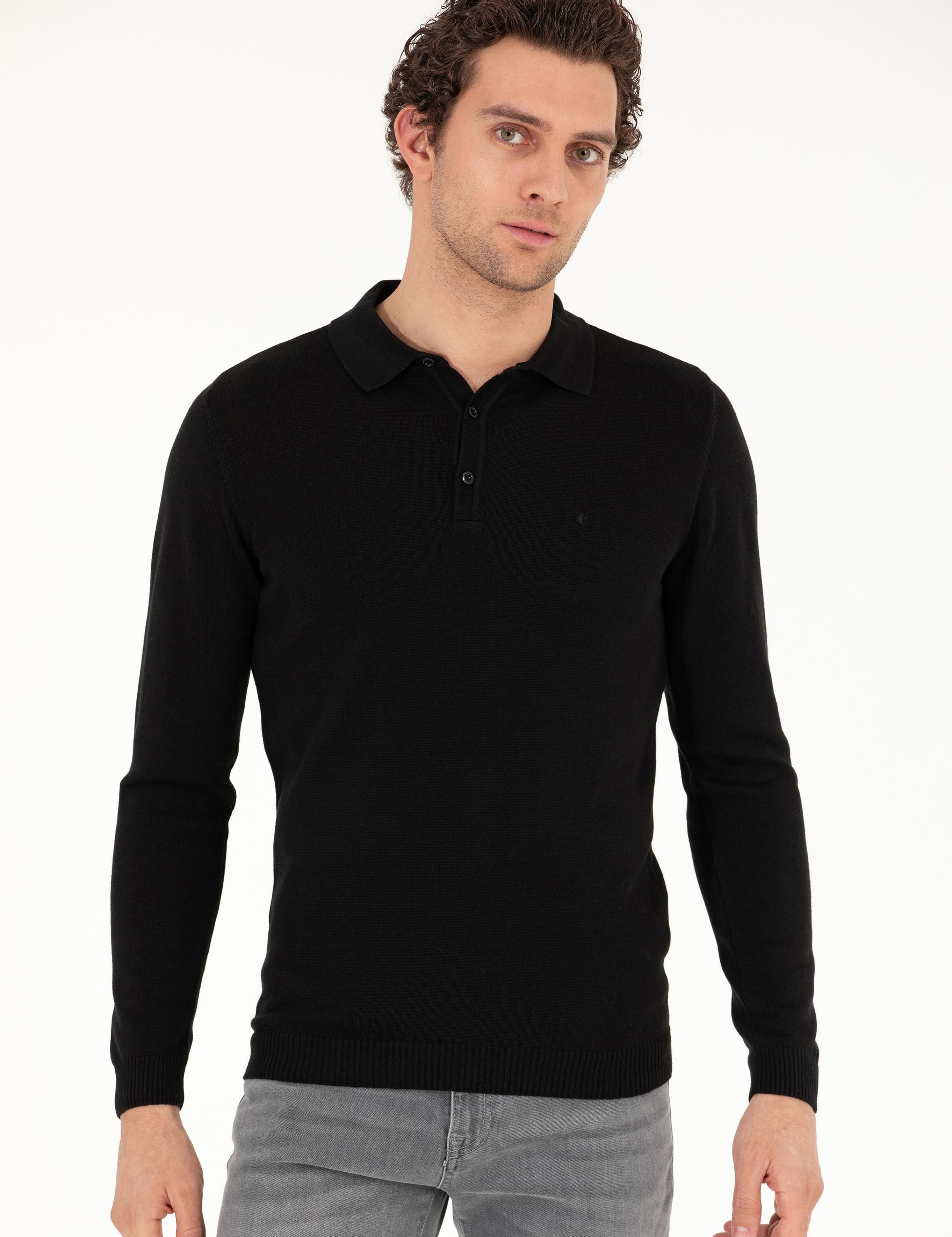 Siyah Slim Fit Polo Yaka Basic Triko Kazak - 50257384004