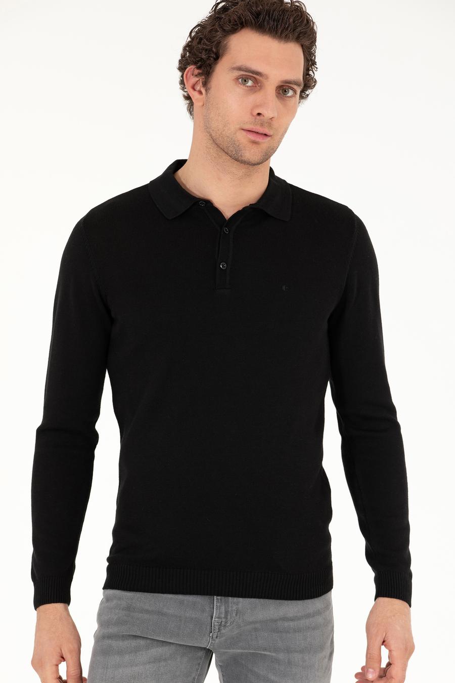 Siyah Slim Fit Polo Yaka Basic Triko Kazak - 50257384004