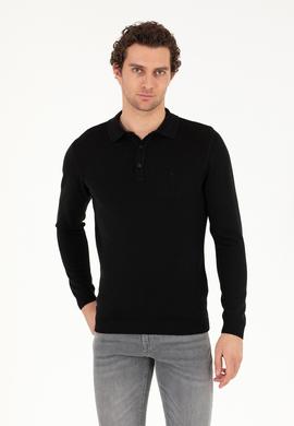 Siyah Slim Fit Polo Yaka Basic Triko Kazak