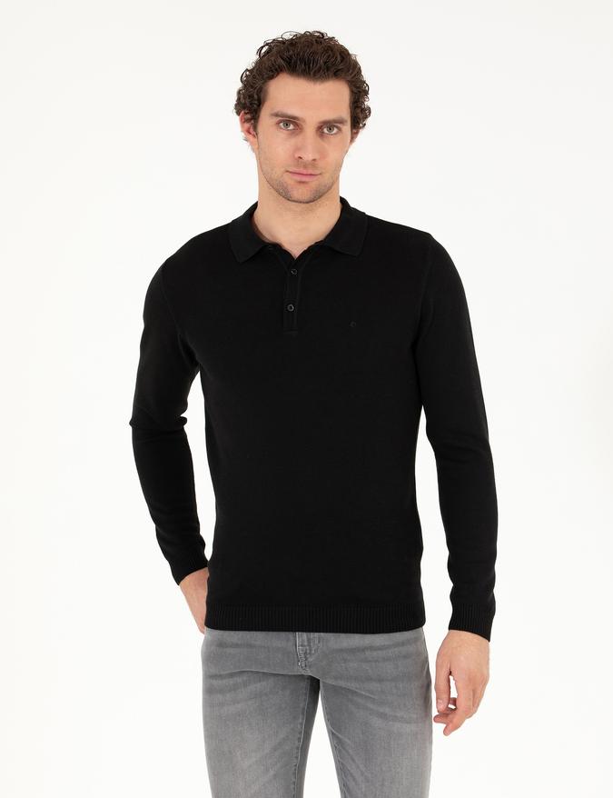 Siyah Slim Fit Polo Yaka Basic Triko Kazak
