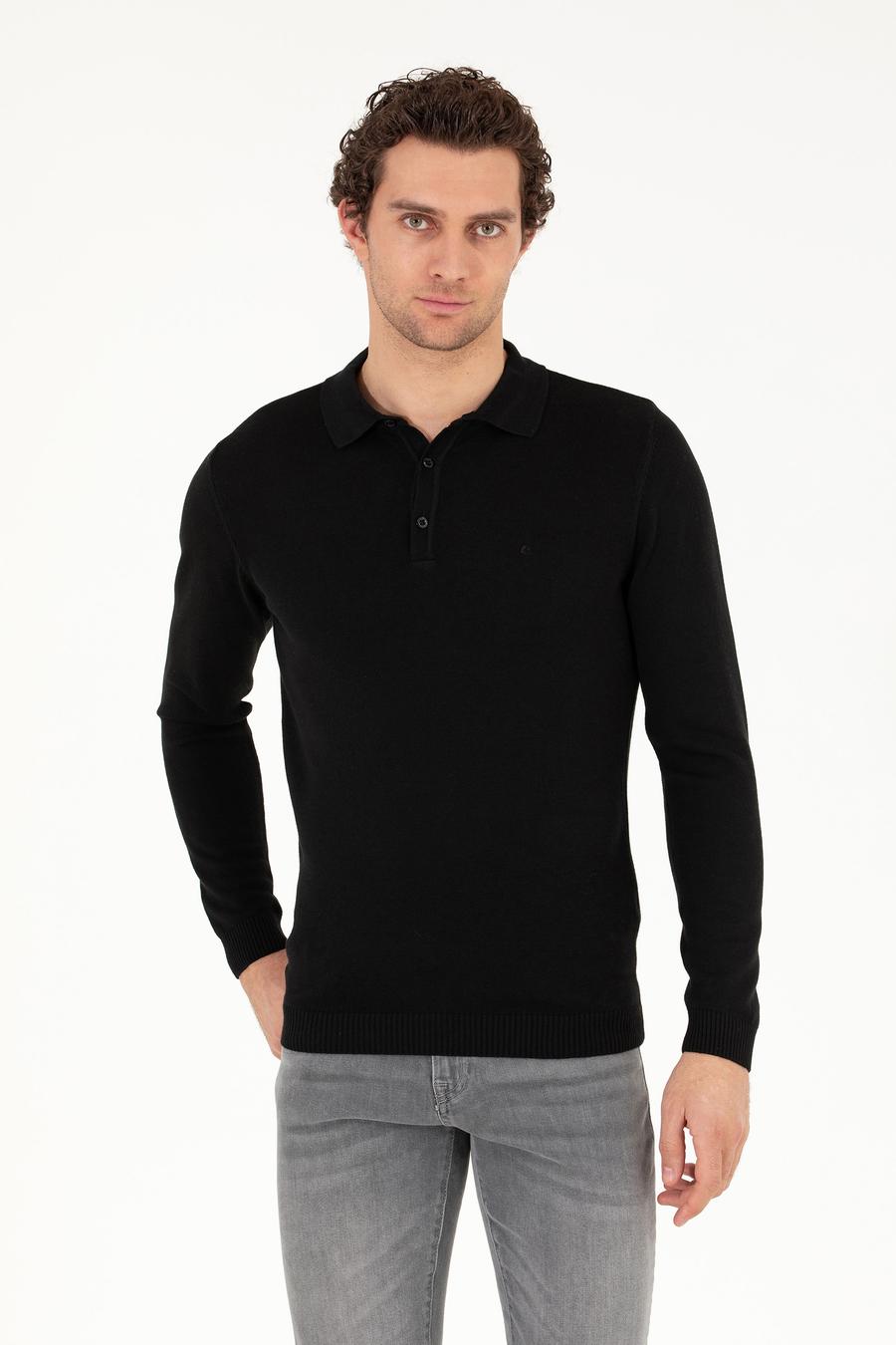 Siyah Slim Fit Polo Yaka Basic Triko Kazak - 50257384004