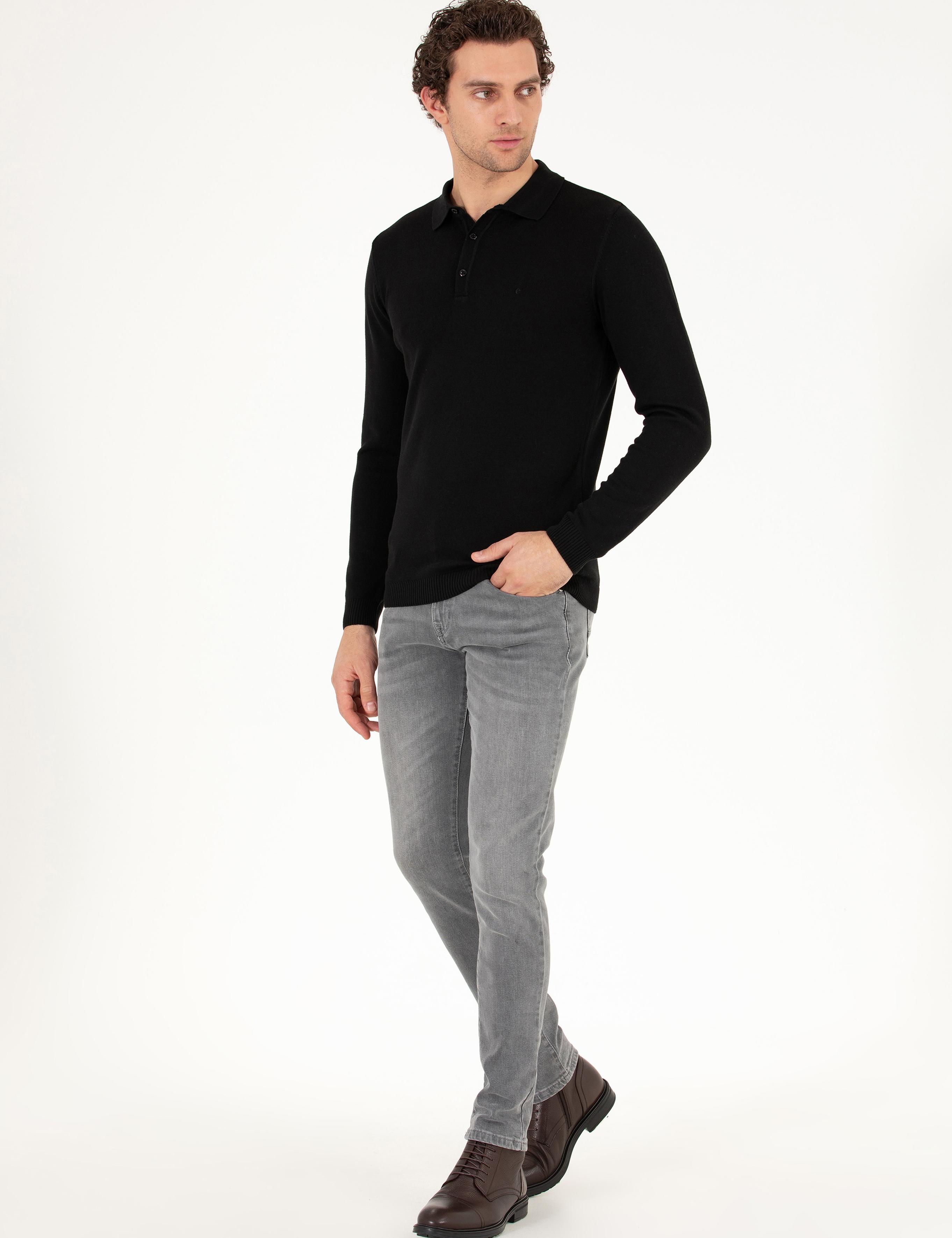 Siyah Slim Fit Polo Yaka Basic Triko Kazak - 50257384004