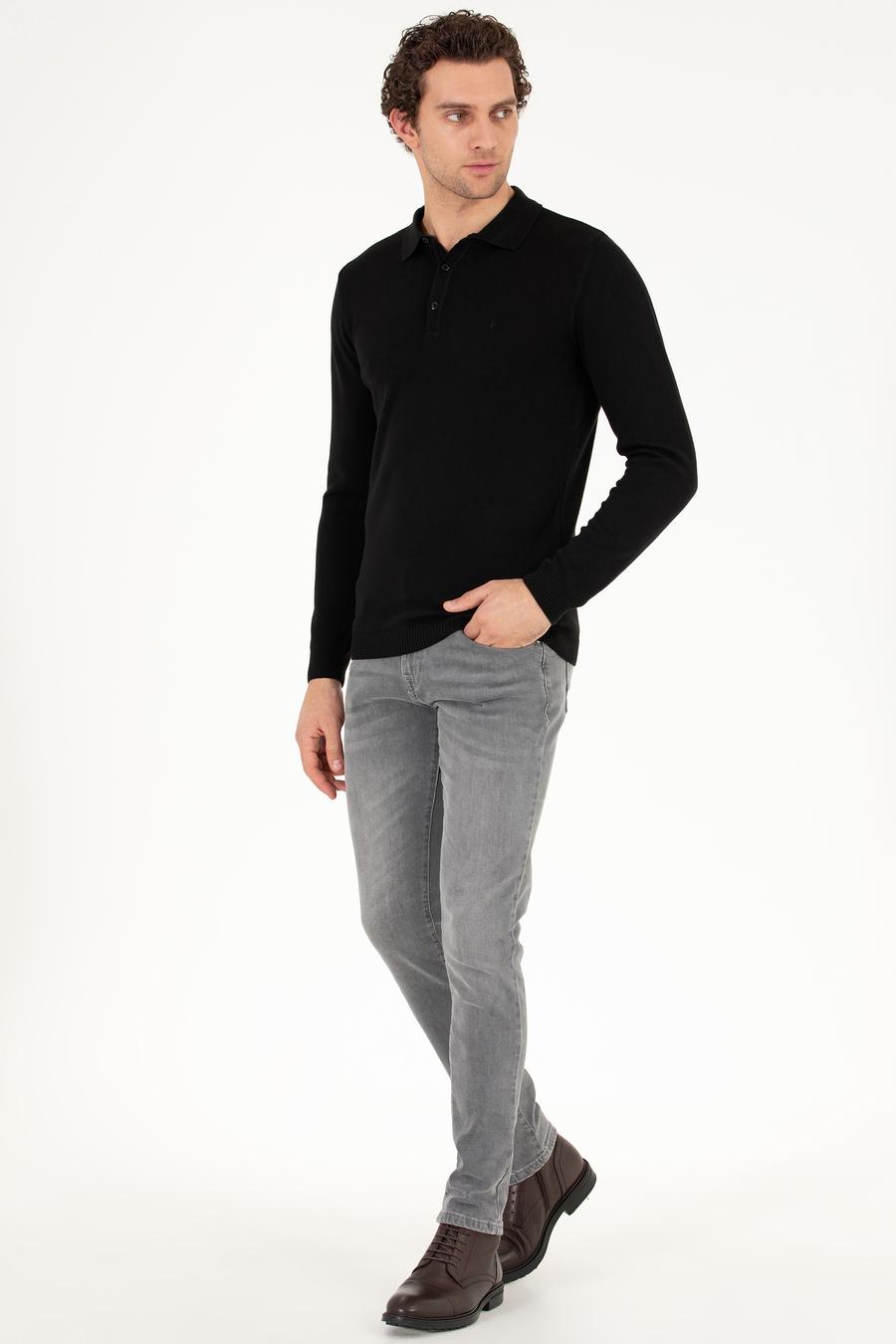 Siyah Slim Fit Polo Yaka Basic Triko Kazak - 50257384004