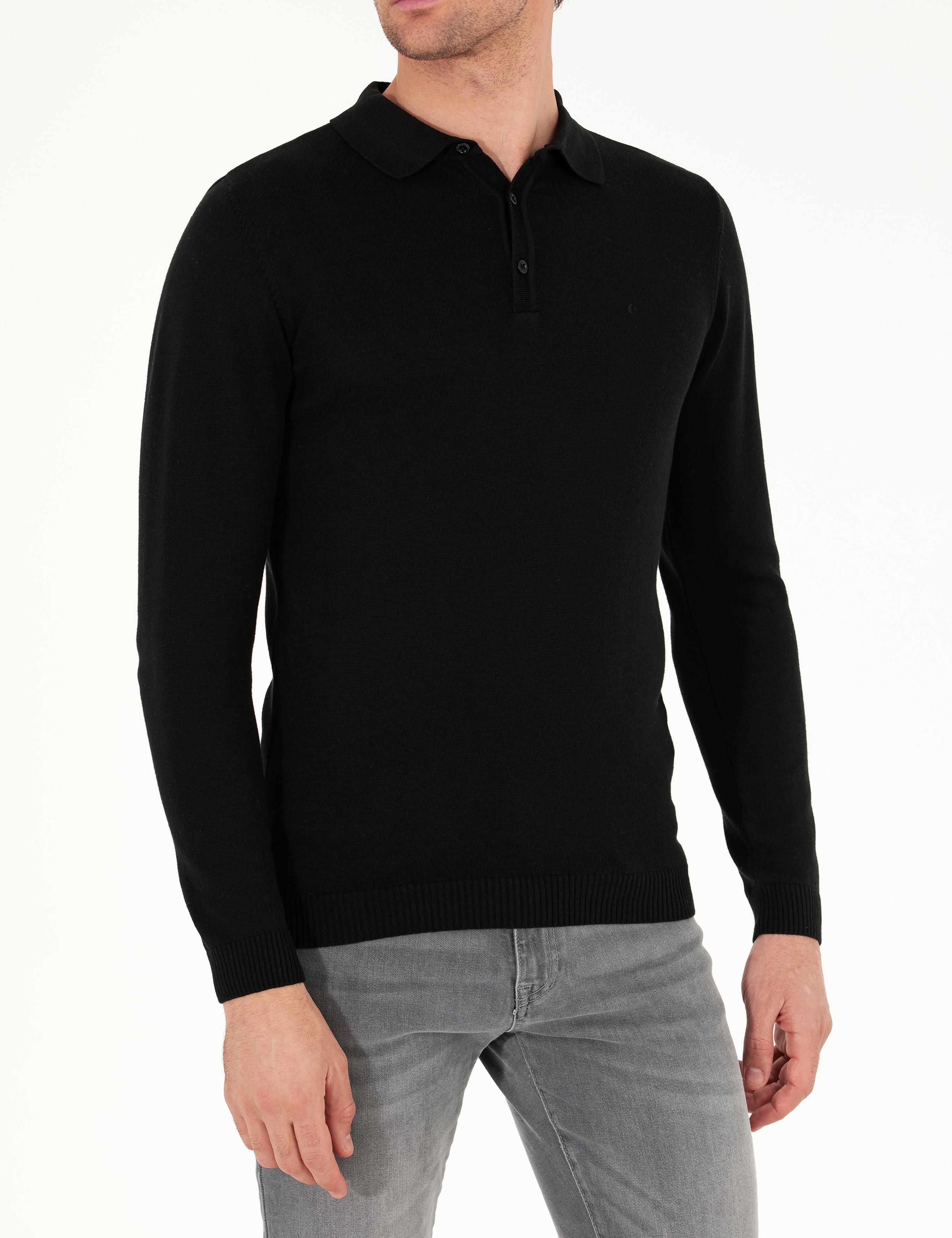 Siyah Slim Fit Polo Yaka Basic Triko Kazak - 50257384004